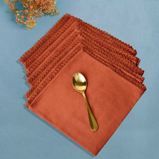 Dining Table Premium Cotton Table Napkin with Crochet Ends (Set of 6 , L x B – 17 x 17 inch , Rust)