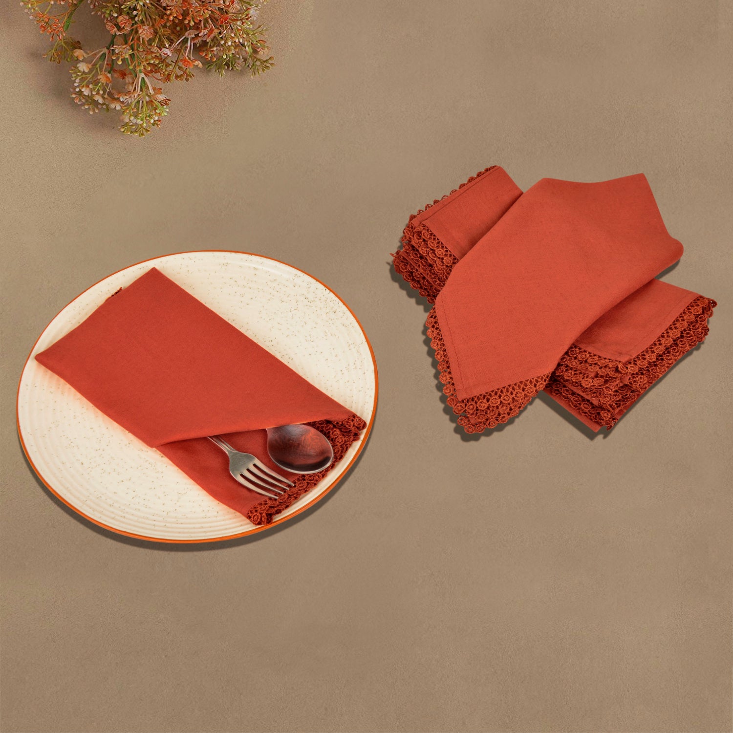 Dining Table Premium Cotton Table Napkin with Crochet Ends (Set of 6 , L x B – 17 x 17 inch , Rust) - View 3