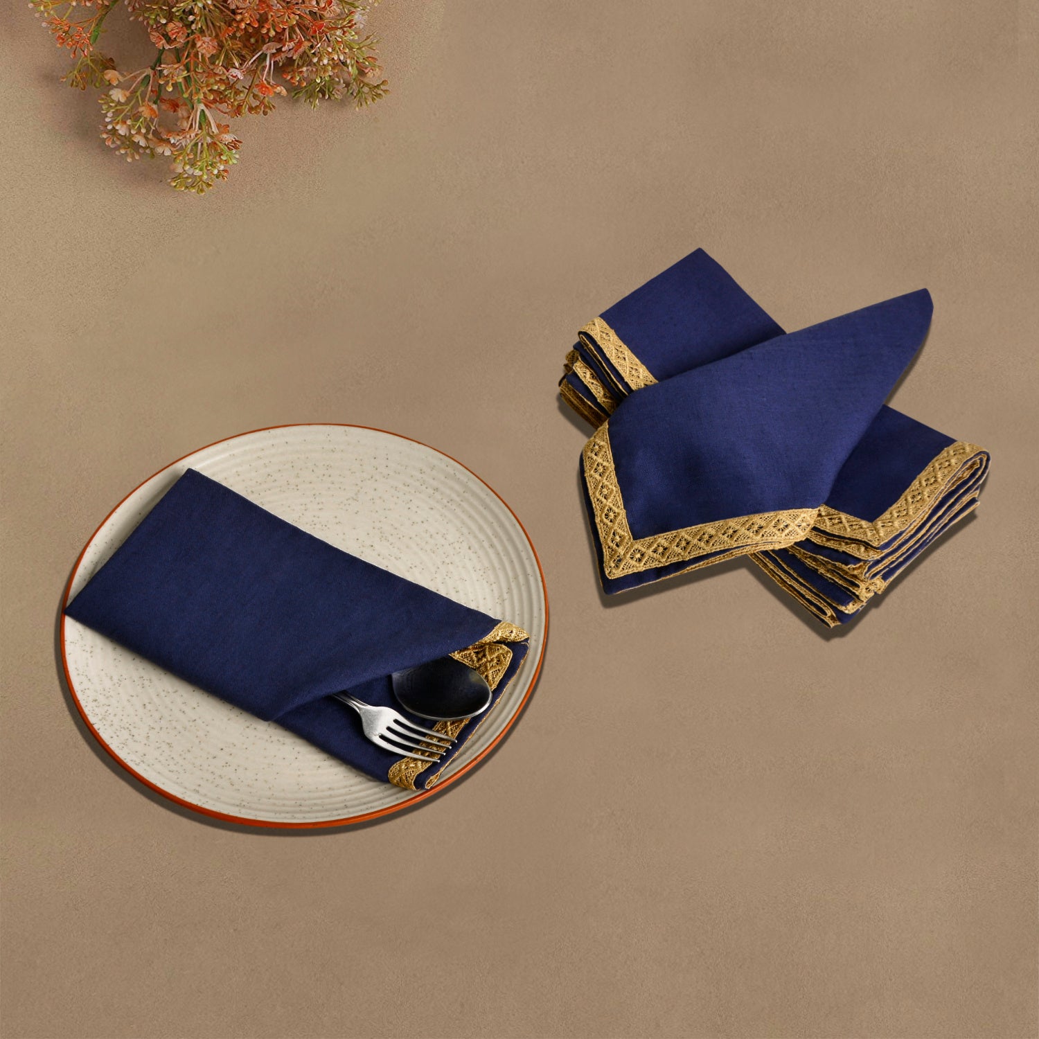 Dining Table Premium Cotton Table Napkin with Crochet Ends (Set of 6 , L x B – 17 x 17 inch , Blue and Beige) - View 4