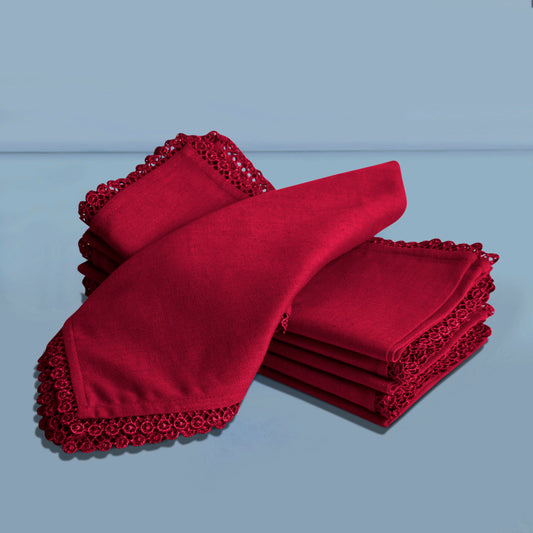 Dining Table Premium Cotton Table Napkin with Crochet Ends (Set of 6 , L x B – 17 x 17 inch , Maroon)