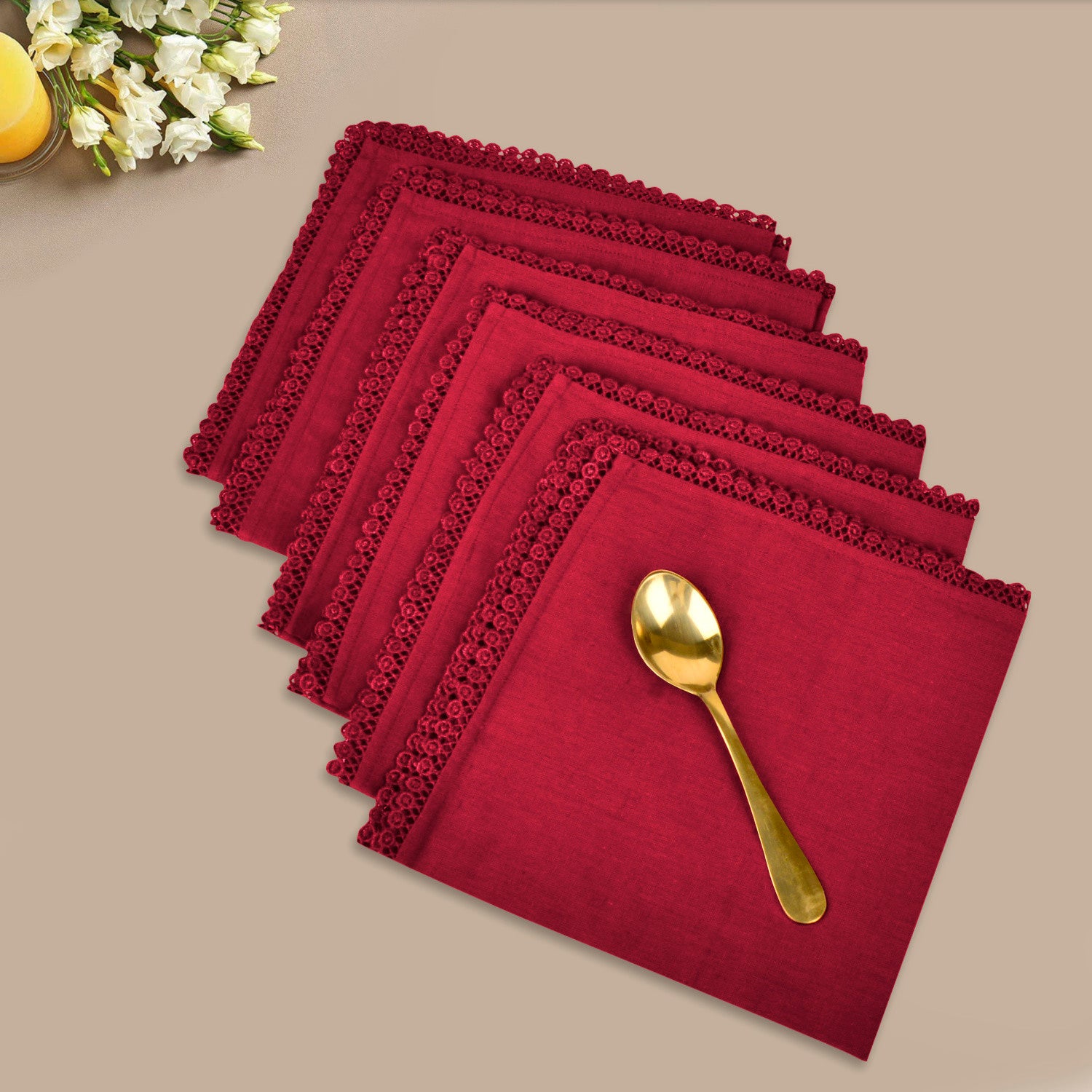 Dining Table Premium Cotton Table Napkin with Crochet Ends (Set of 6 , L x B – 17 x 17 inch , Maroon) - View 3