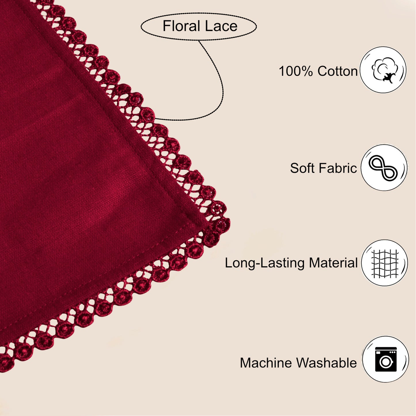 Dining Table Premium Cotton Table Napkin with Crochet Ends (Set of 6 , L x B – 17 x 17 inch , Maroon) - View 2