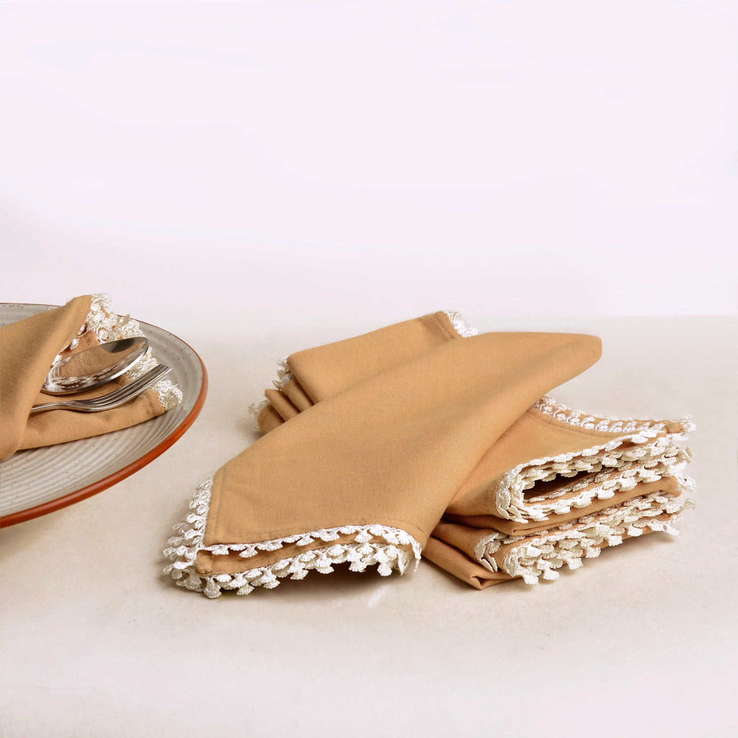 Dining Table Premium Cotton Table Napkin with Crochet Ends (Set of 6 , L x B – 17 x 17 inch , Beige) - View 2