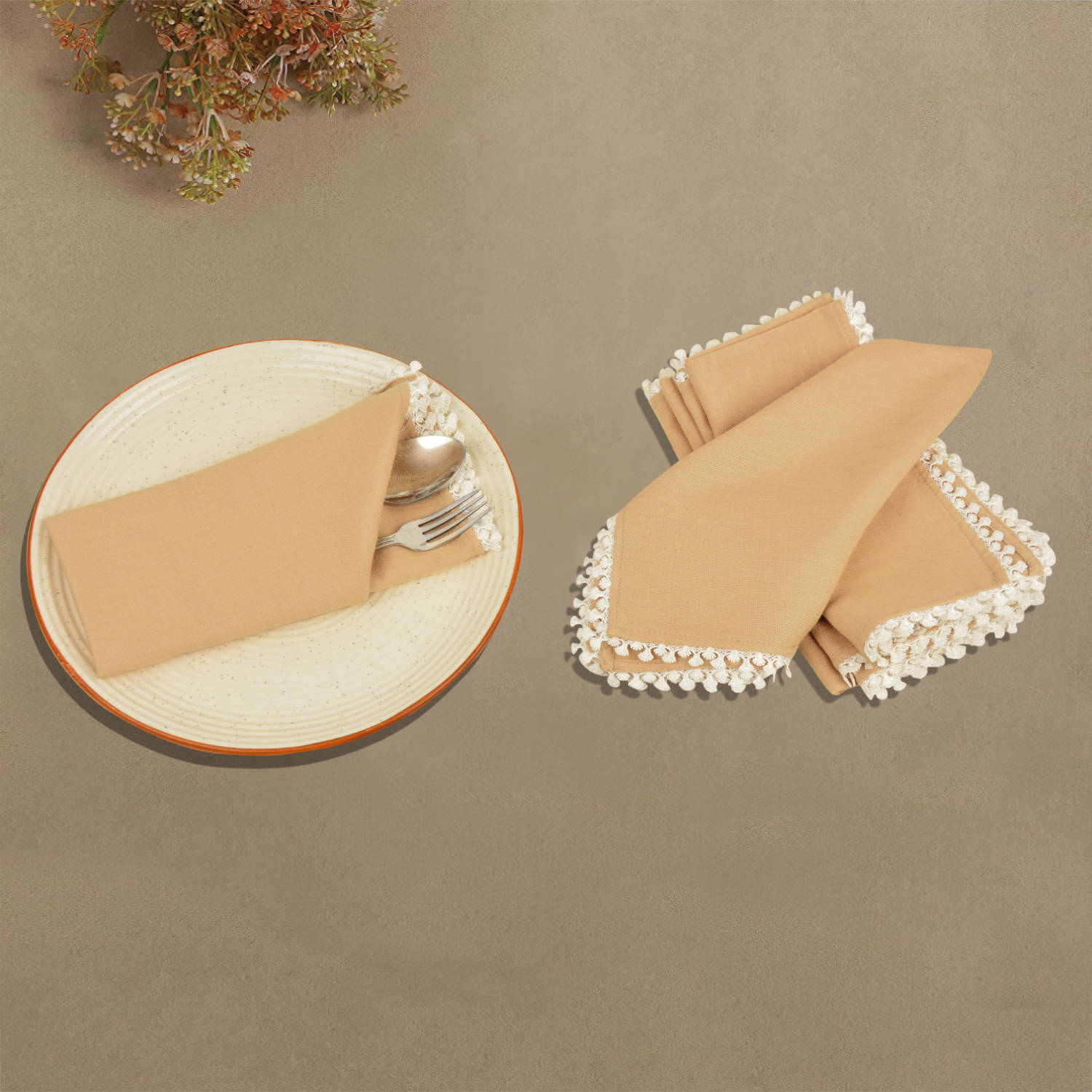 Dining Table Premium Cotton Table Napkin with Crochet Ends (Set of 6 , L x B – 17 x 17 inch , Beige) - View 5