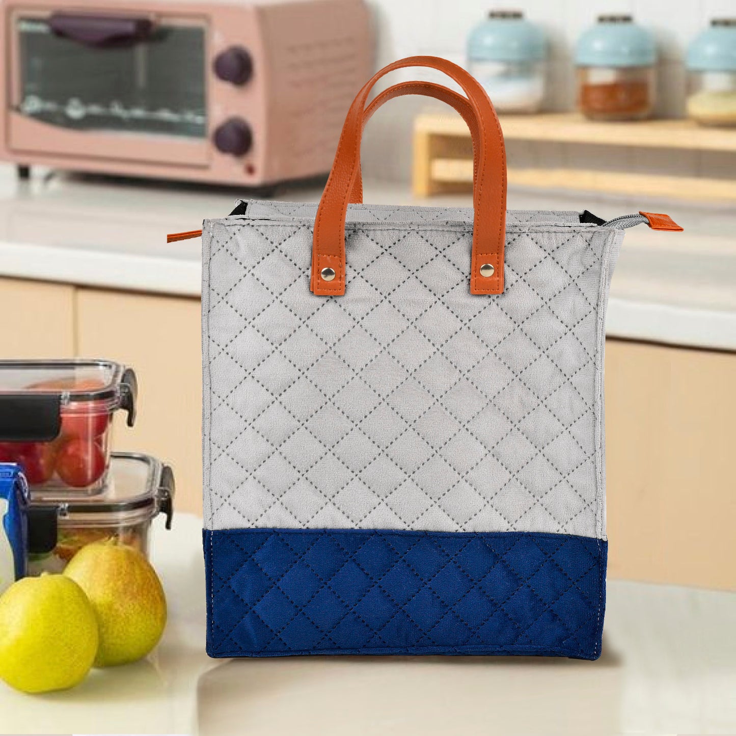 Velvet Lunch Bag ( 25 x 14 x 28 cm , Grey & Blue, Waterproof ) - View 3