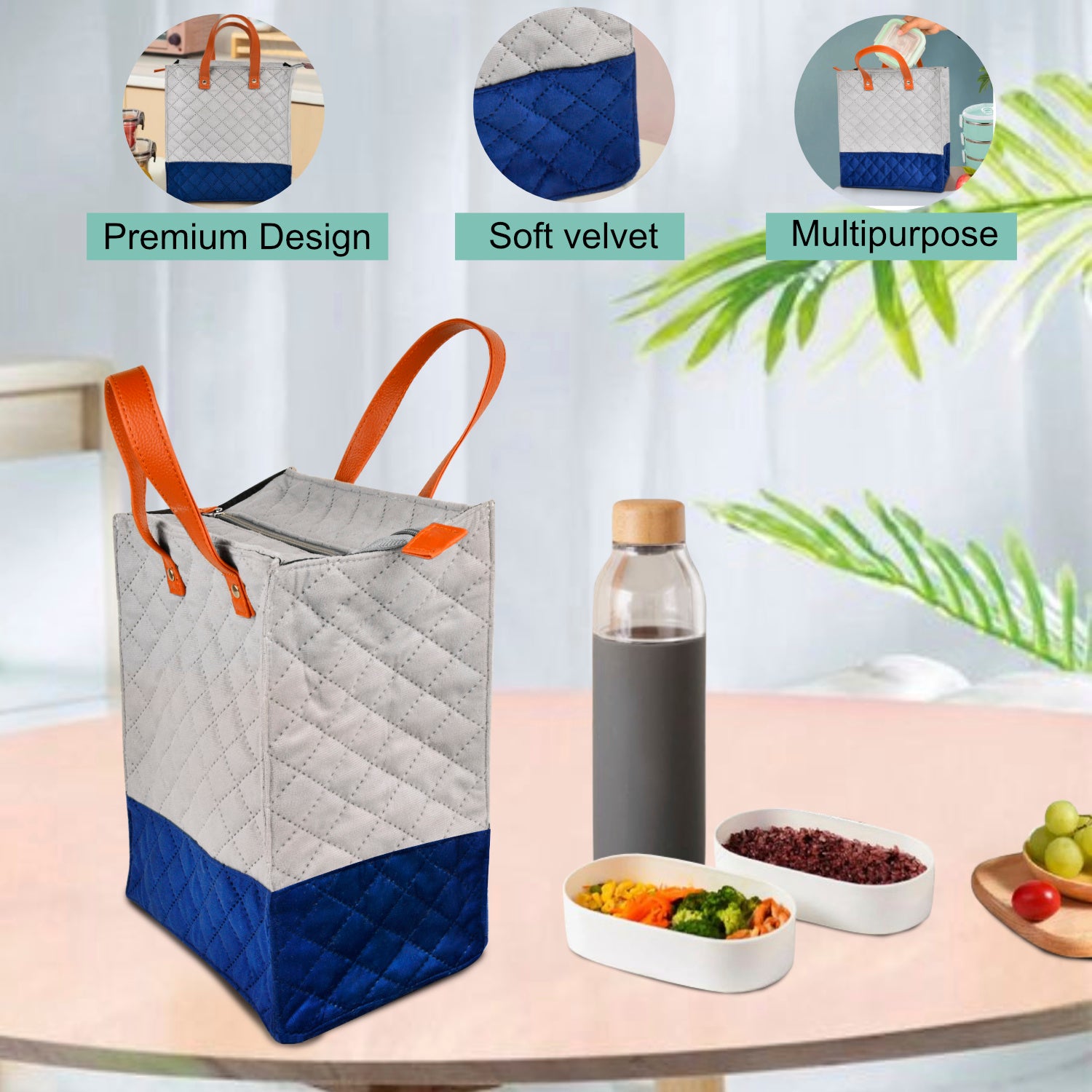 Velvet Lunch Bag ( 25 x 14 x 28 cm , Grey & Blue, Waterproof ) - View 4