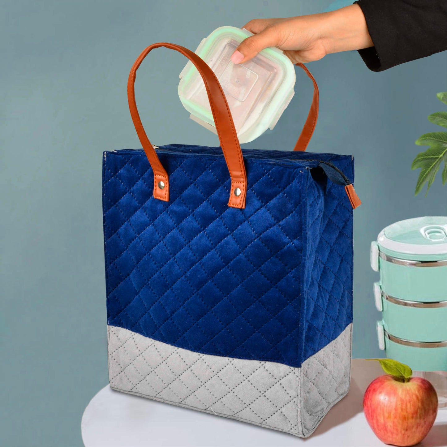 Velvet Lunch Bag ( 25 x 14 x 28 cm , Blue & Grey, Waterproof )