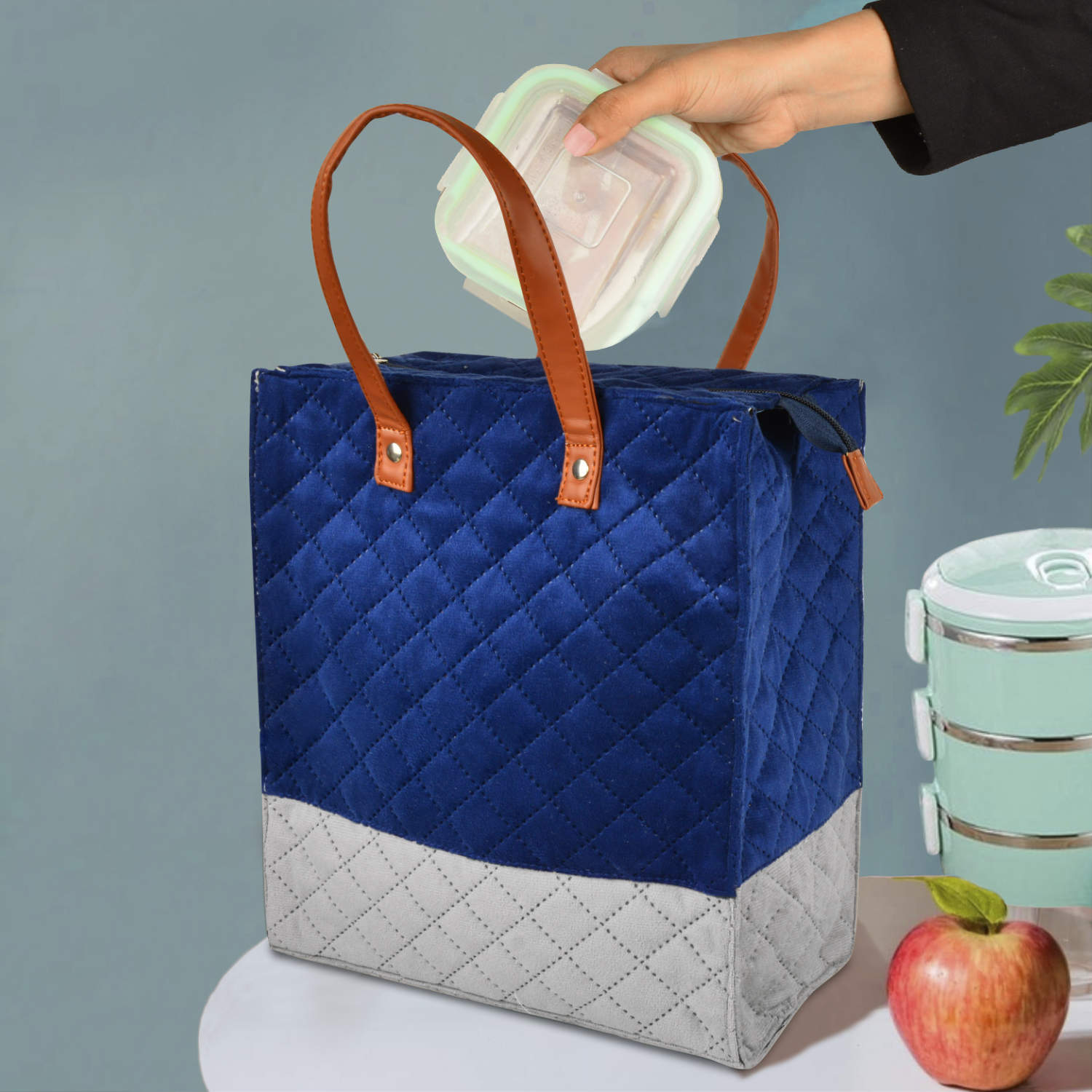 Velvet Lunch Bag ( 25 x 14 x 28 cm , Blue & Grey, Waterproof )