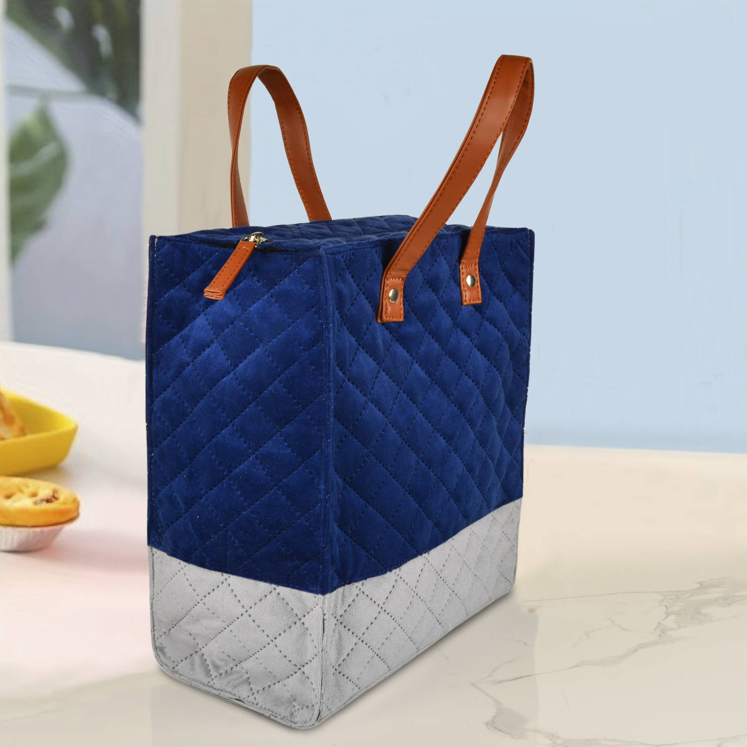 Velvet Lunch Bag ( 25 x 14 x 28 cm , Blue & Grey, Waterproof ) - View 3