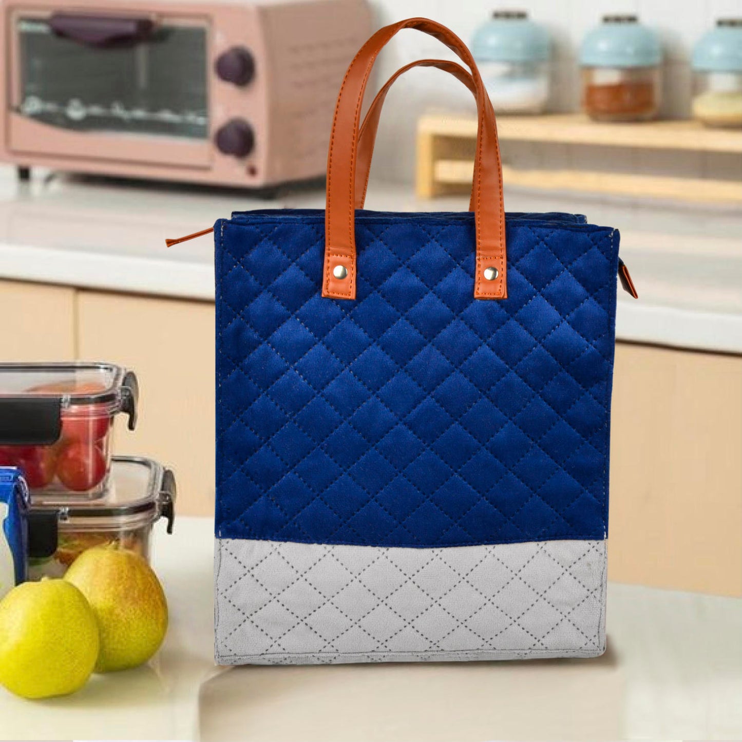 Velvet Lunch Bag ( 25 x 14 x 28 cm , Blue & Grey, Waterproof ) - View 4