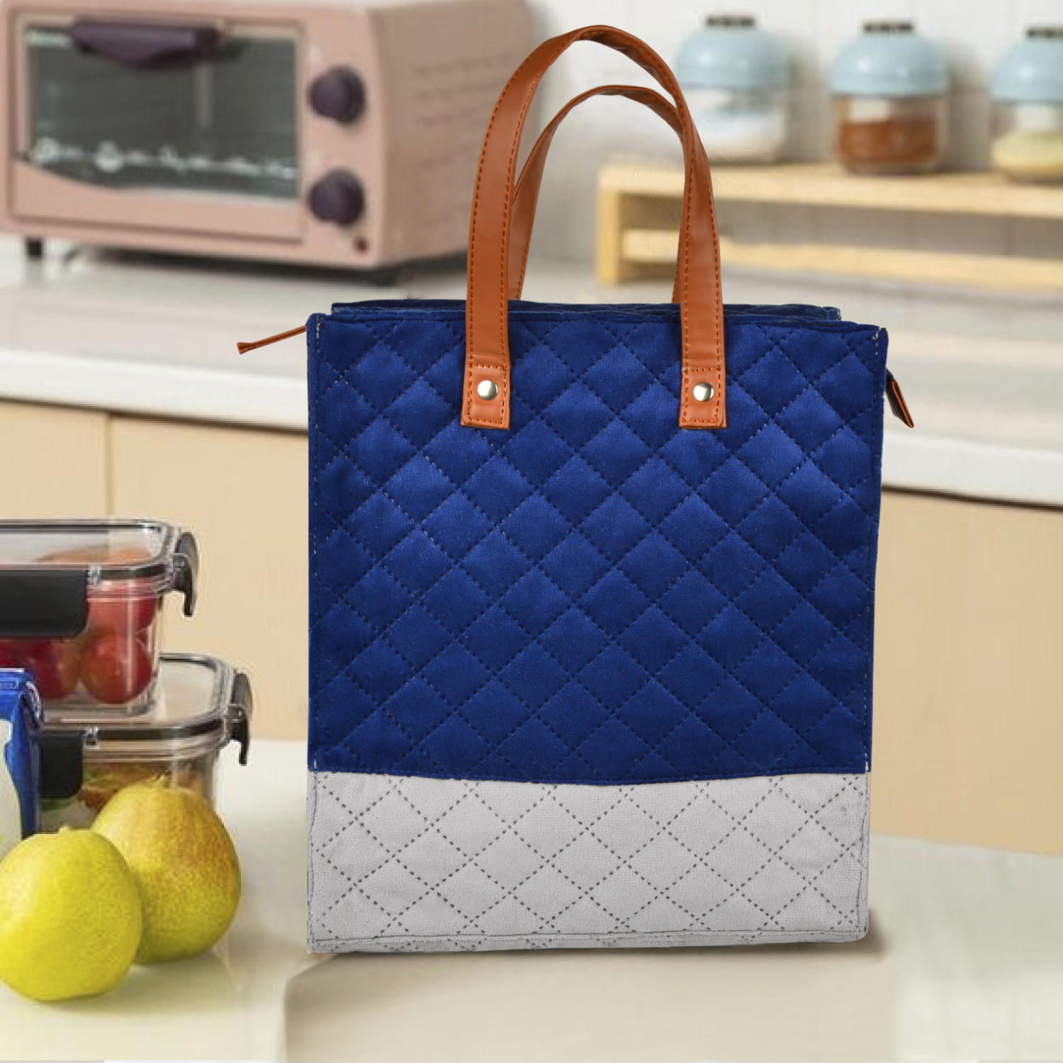 Velvet Lunch Bag ( 25 x 14 x 28 cm , Blue & Grey, Waterproof ) - View 4