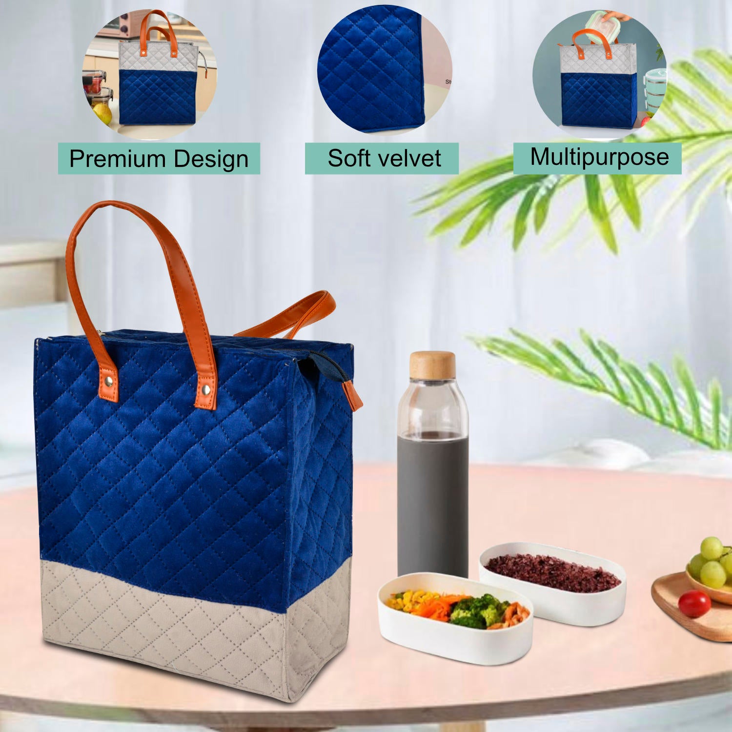 Velvet Lunch Bag ( 25 x 14 x 28 cm , Blue & Grey, Waterproof ) - View 6