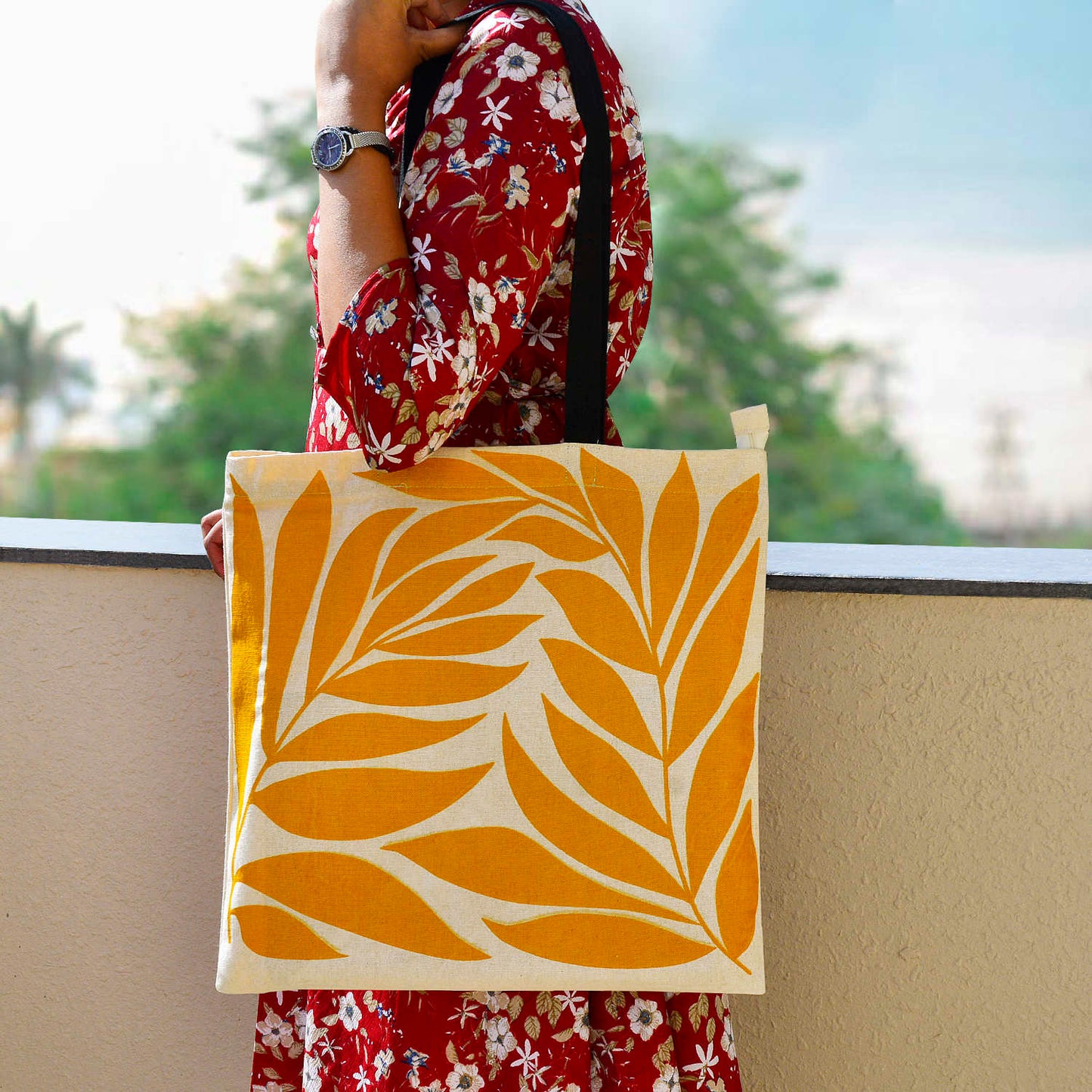 Large Cotton Designer Canvas Tote Bag with Zip, Inner Pocket for Shopping, Office & Daily Use (Floral Yellow)