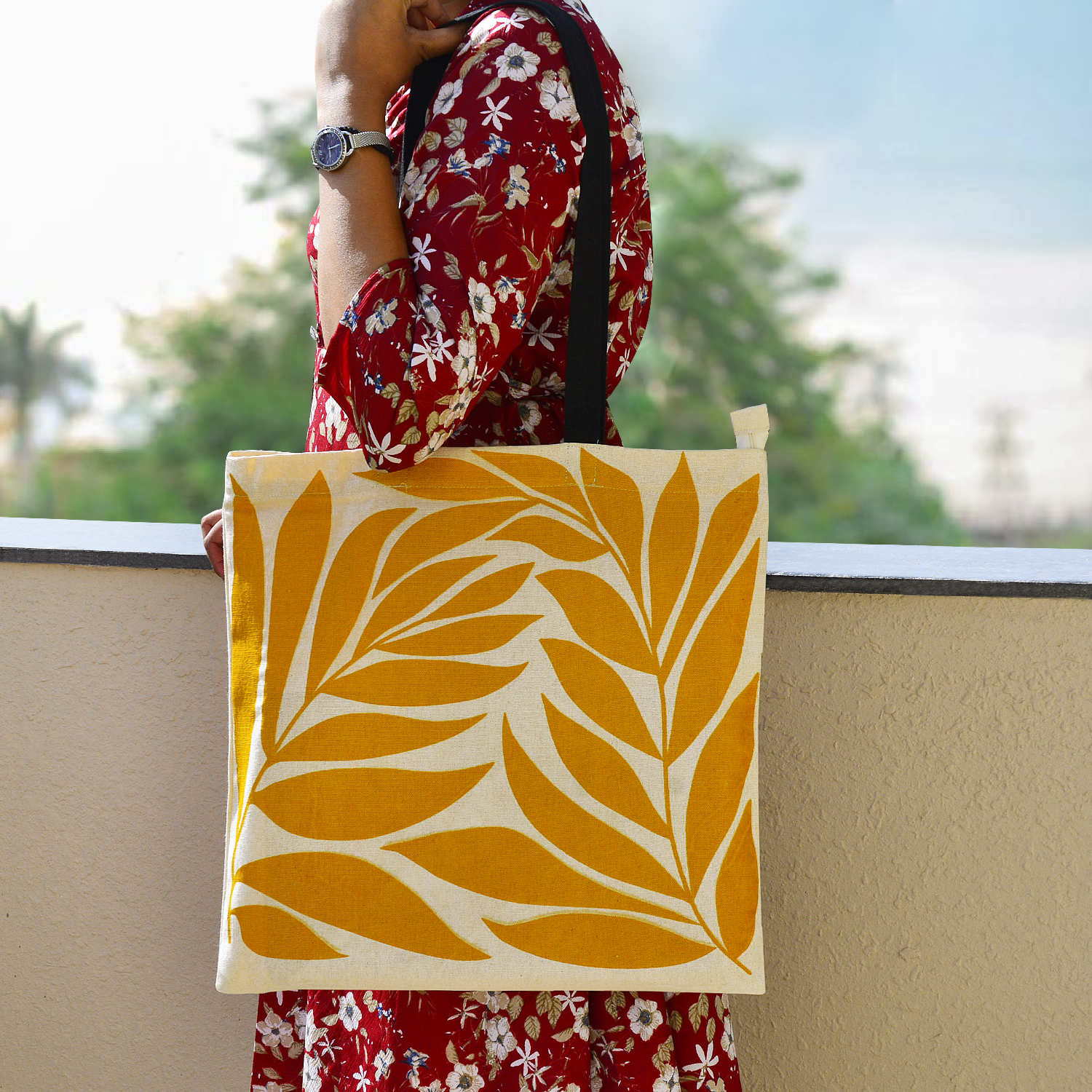 Large Cotton Designer Canvas Tote Bag with Zip, Inner Pocket for Shopping, Office & Daily Use (Floral Yellow)
