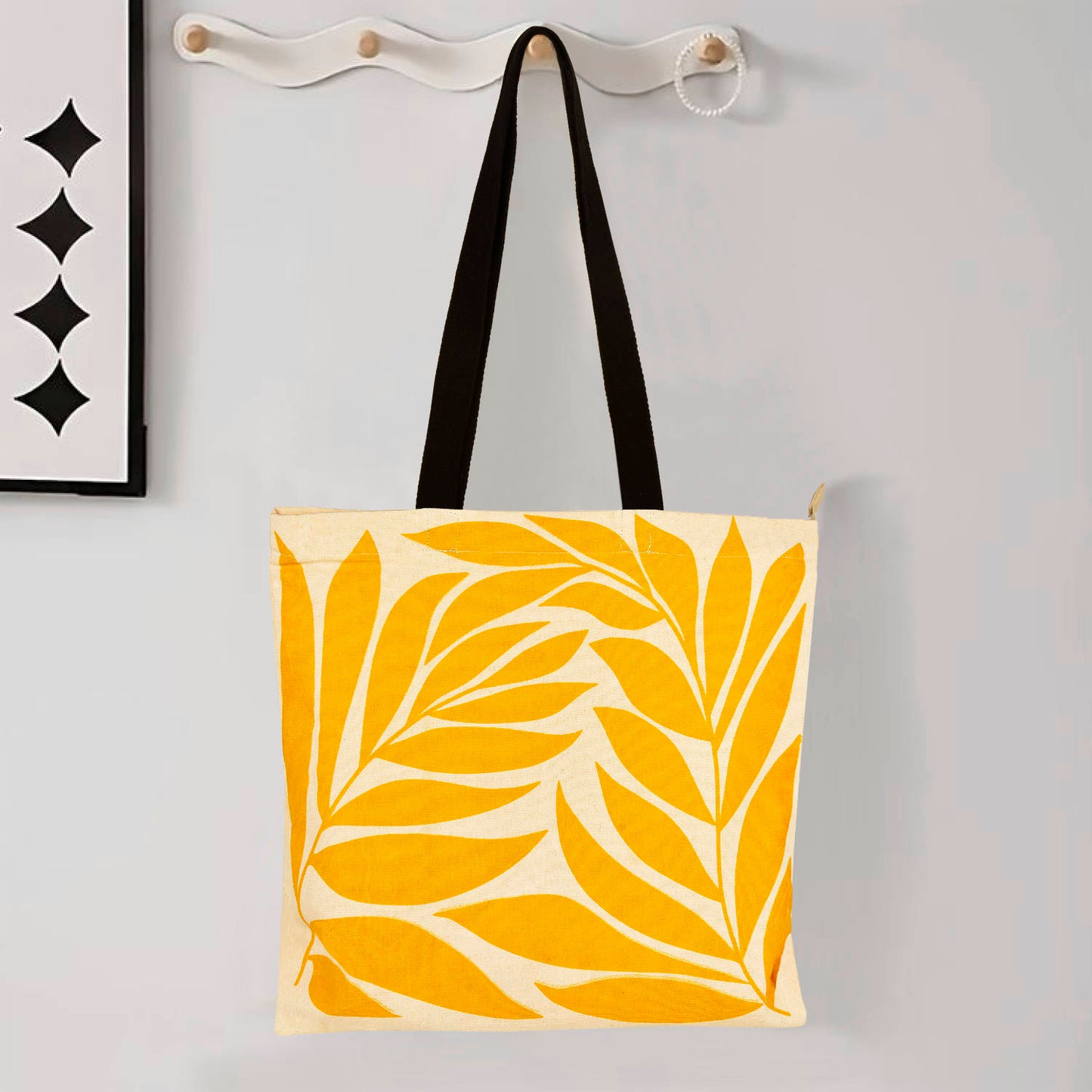 Large Cotton Designer Canvas Tote Bag with Zip, Inner Pocket for Shopping, Office & Daily Use (Floral Yellow) - View 3