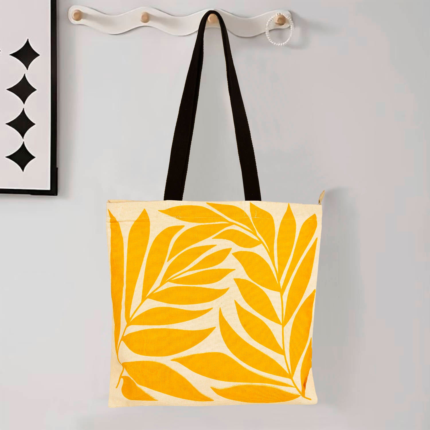 Large Cotton Designer Canvas Tote Bag with Zip, Inner Pocket for Shopping, Office & Daily Use (Floral Yellow) - View 3