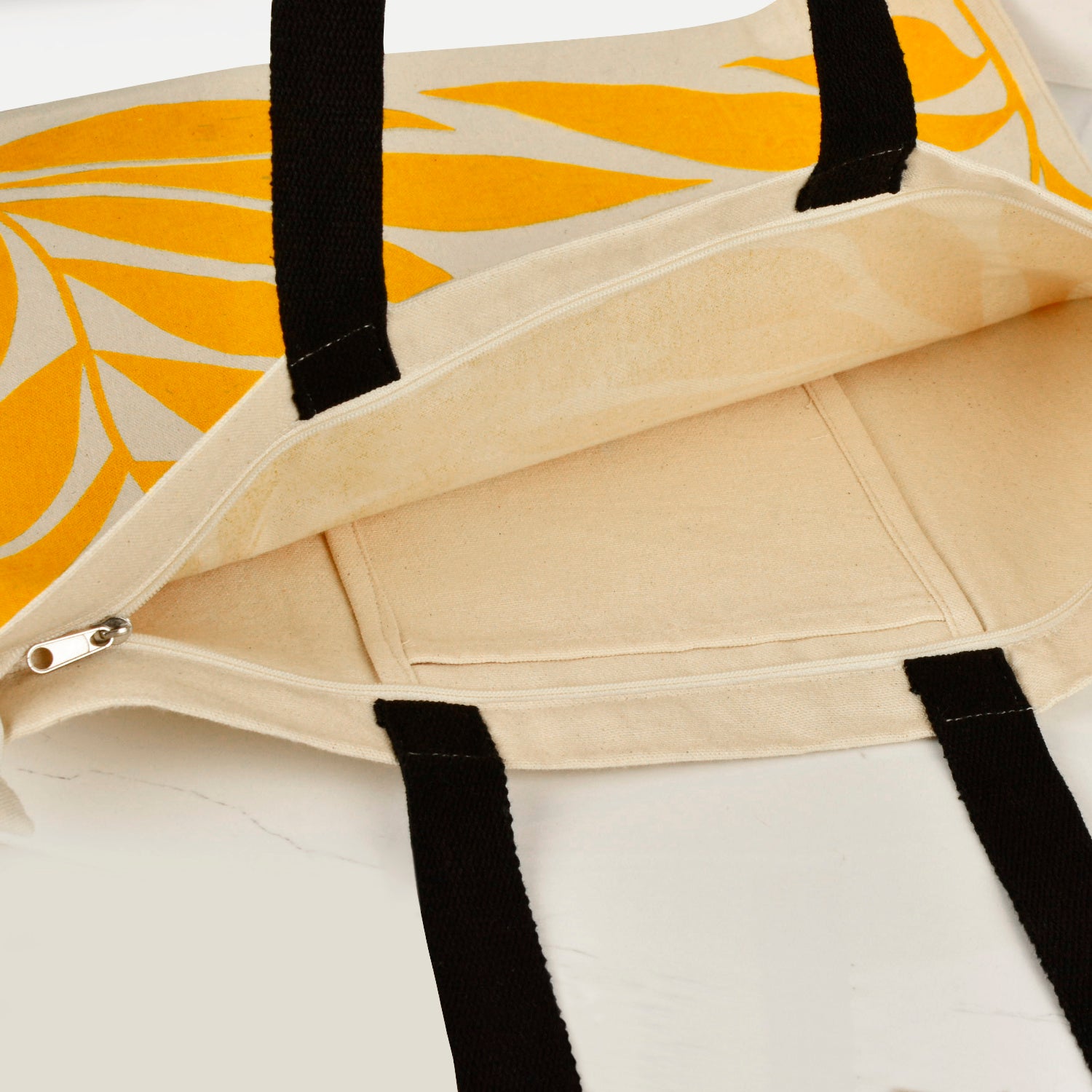 Large Cotton Designer Canvas Tote Bag with Zip, Inner Pocket for Shopping, Office & Daily Use (Floral Yellow) - View 4