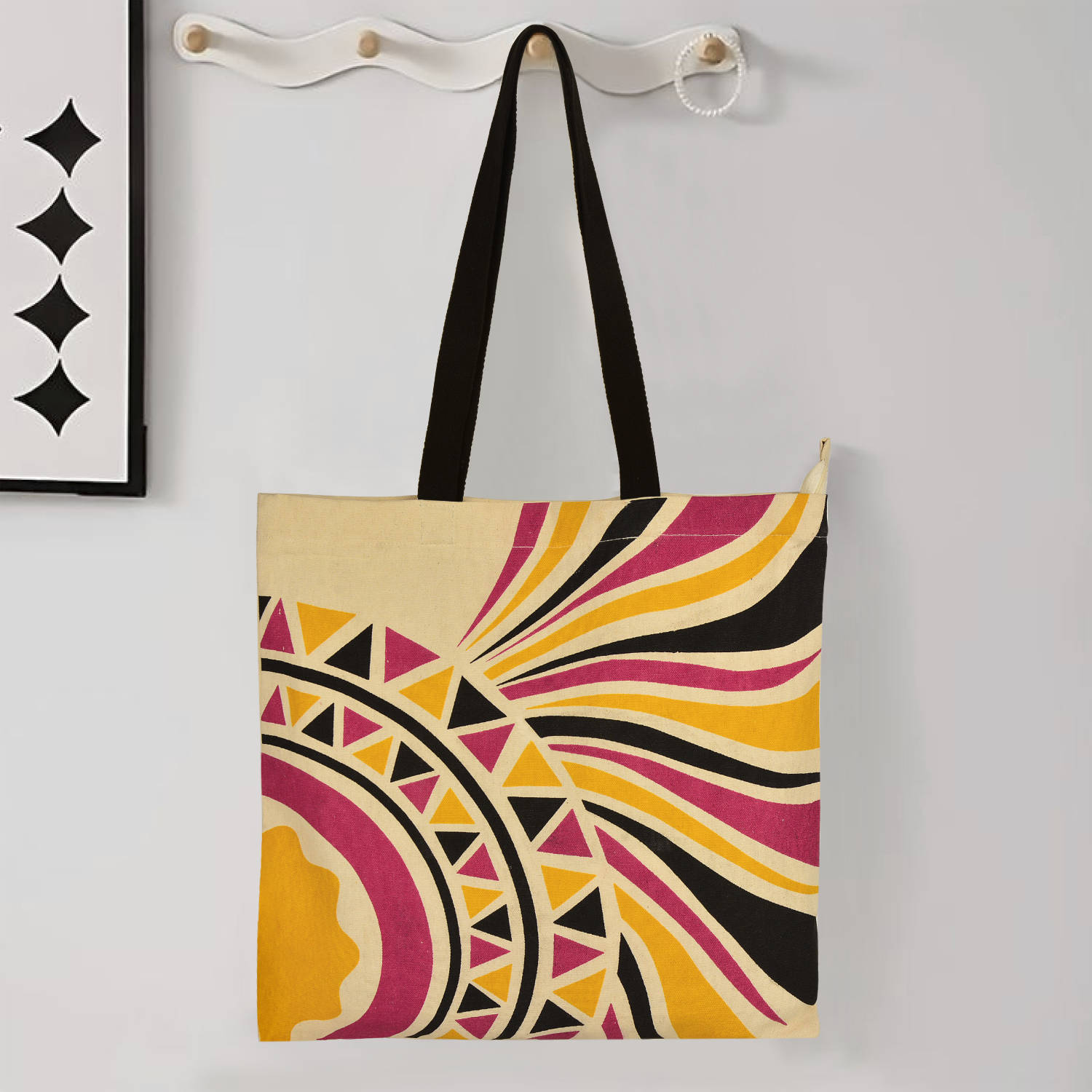 Large Cotton Designer Canvas Tote Bag with Zip, Inner Pocket for Shopping, Office & Daily Use (Multicolor Geometric Print) - View 3