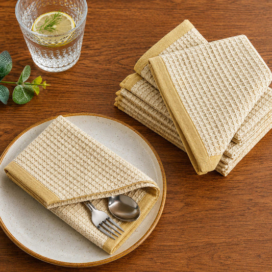 Dining Table Cotton Waffle Weave Napkins (Set of 6, L x B – 17 x 17 Inch, Natural Cream with Beige Border)