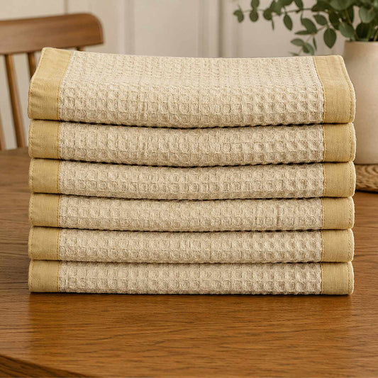 Dining Table Cotton Waffle Weave Napkins (Set of 6, L x B – 17 x 17 Inch, Natural Cream with Beige Border)