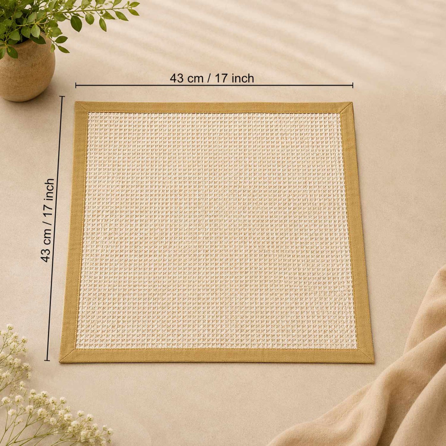 Dining Table Cotton Waffle Weave Napkins (Set of 6, L x B – 17 x 17 Inch, Natural Cream with Beige Border)