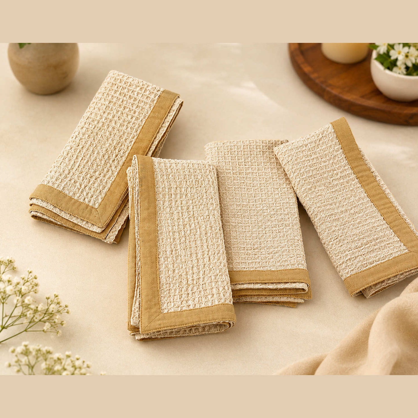 Dining Table Cotton Waffle Weave Napkins (Set of 6, L x B – 17 x 17 Inch, Natural Cream with Beige Border)