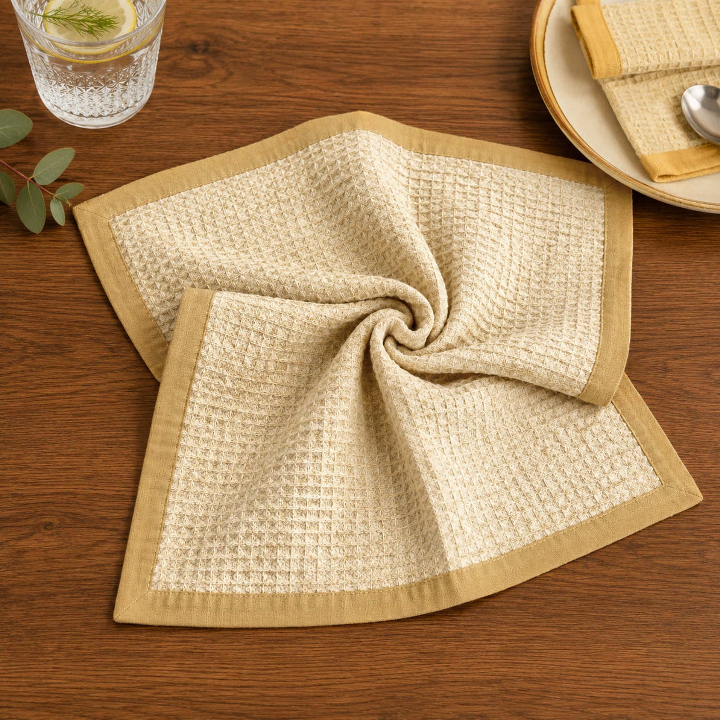 Dining Table Cotton Waffle Weave Napkins (Set of 6, L x B – 17 x 17 Inch, Natural Cream with Beige Border)
