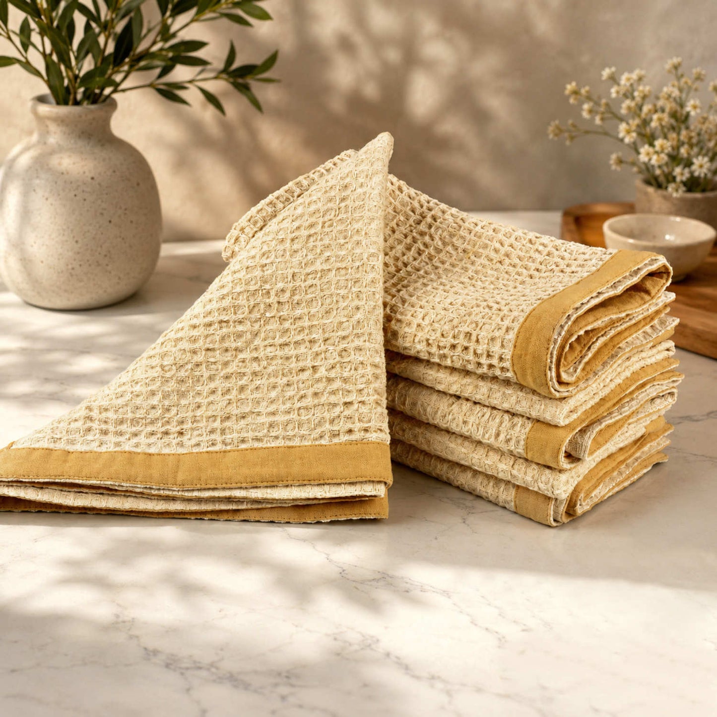 Dining Table Cotton Waffle Weave Napkins (Set of 6, L x B – 17 x 17 Inch, Natural Cream with Beige Border)