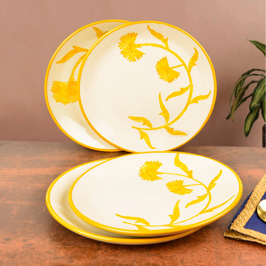 “The Lucid Yellow Collection” Hand Painted Ceramic Floral Dinner Serving Plates ( Set of 4, Yellow and Off White , Diameter – 10 inches)