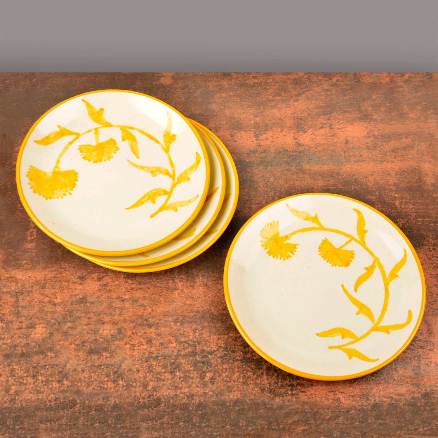 “The Lucid Yellow Collection” Hand Painted Ceramic Floral Dinner Serving Plates ( Set of 4, Yellow and Off White , Diameter – 10 inches) - View 3