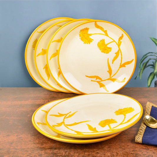 “The Lucid Yellow Collection” Hand Painted Ceramic Floral Dinner Serving Plates ( Set of 6, Yellow and Off White , Diameter – 10 inches)