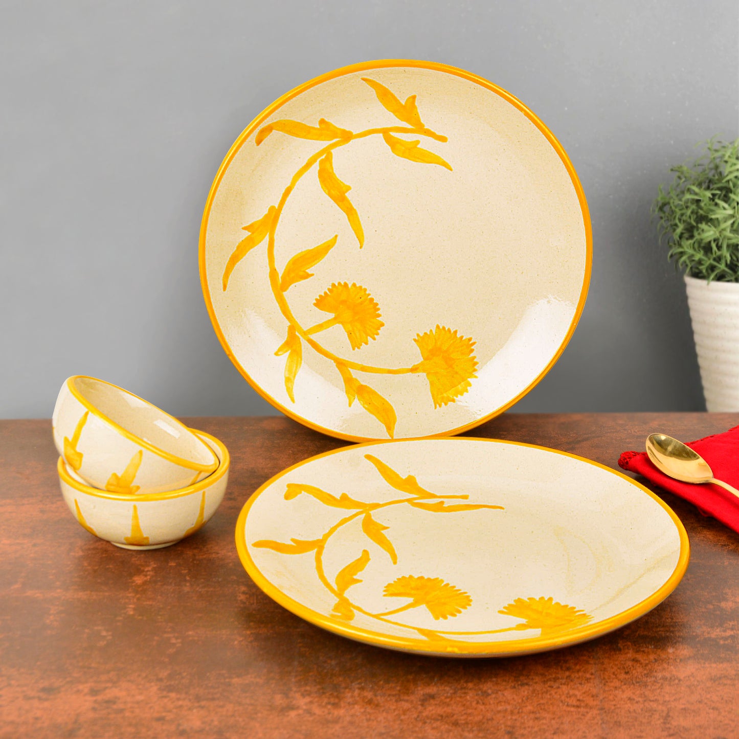 “The Lucid Yellow Collection” Hand Painted Ceramic Floral 2 Dinner Serving Plates with 2 Dinner Bowls (Set of 4, Yellow & Off White, Plate Diameter – 10 inches)
