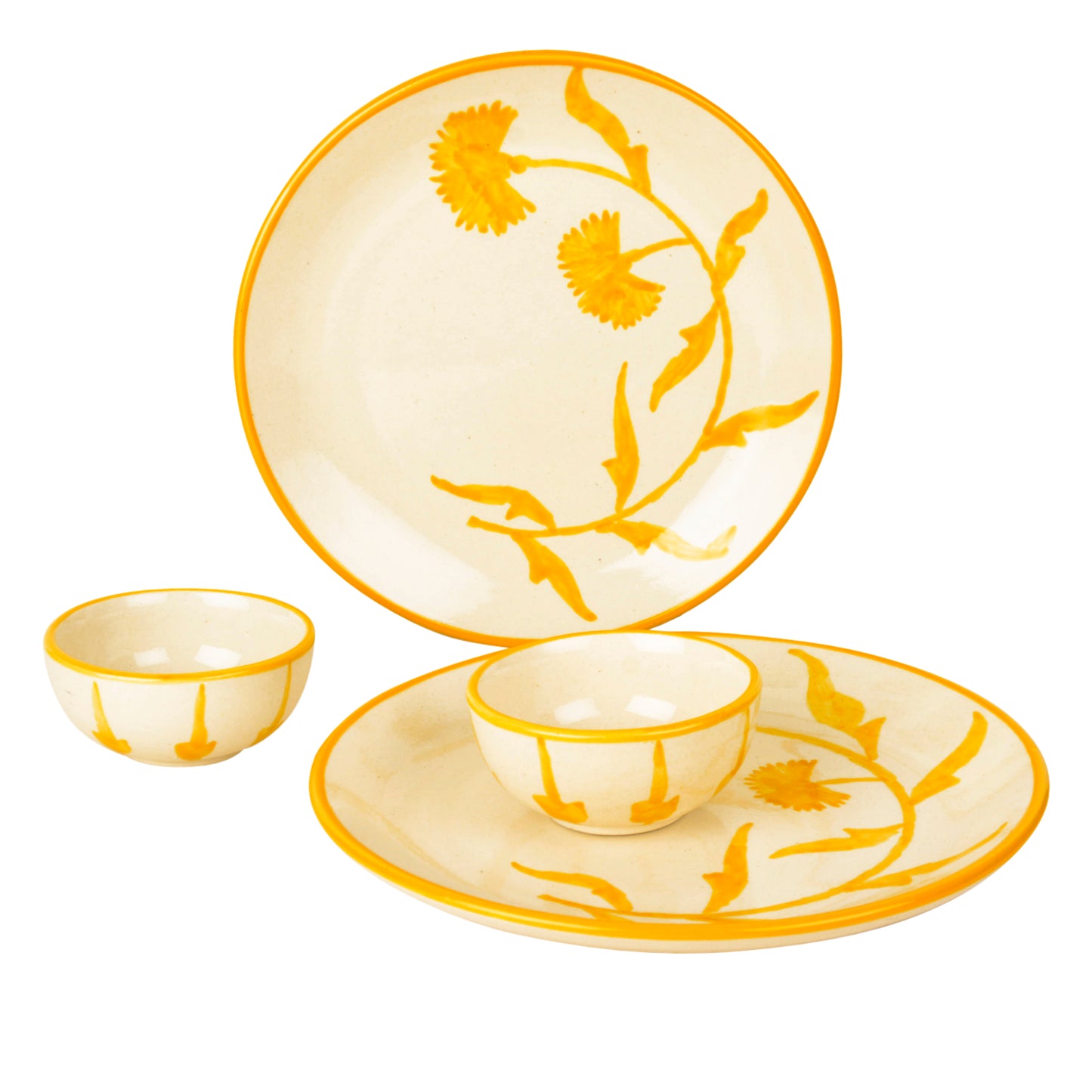 “The Lucid Yellow Collection” Hand Painted Ceramic Floral 2 Dinner Serving Plates with 2 Dinner Bowls (Set of 4, Yellow & Off White, Plate Diameter – 10 inches) - View 4