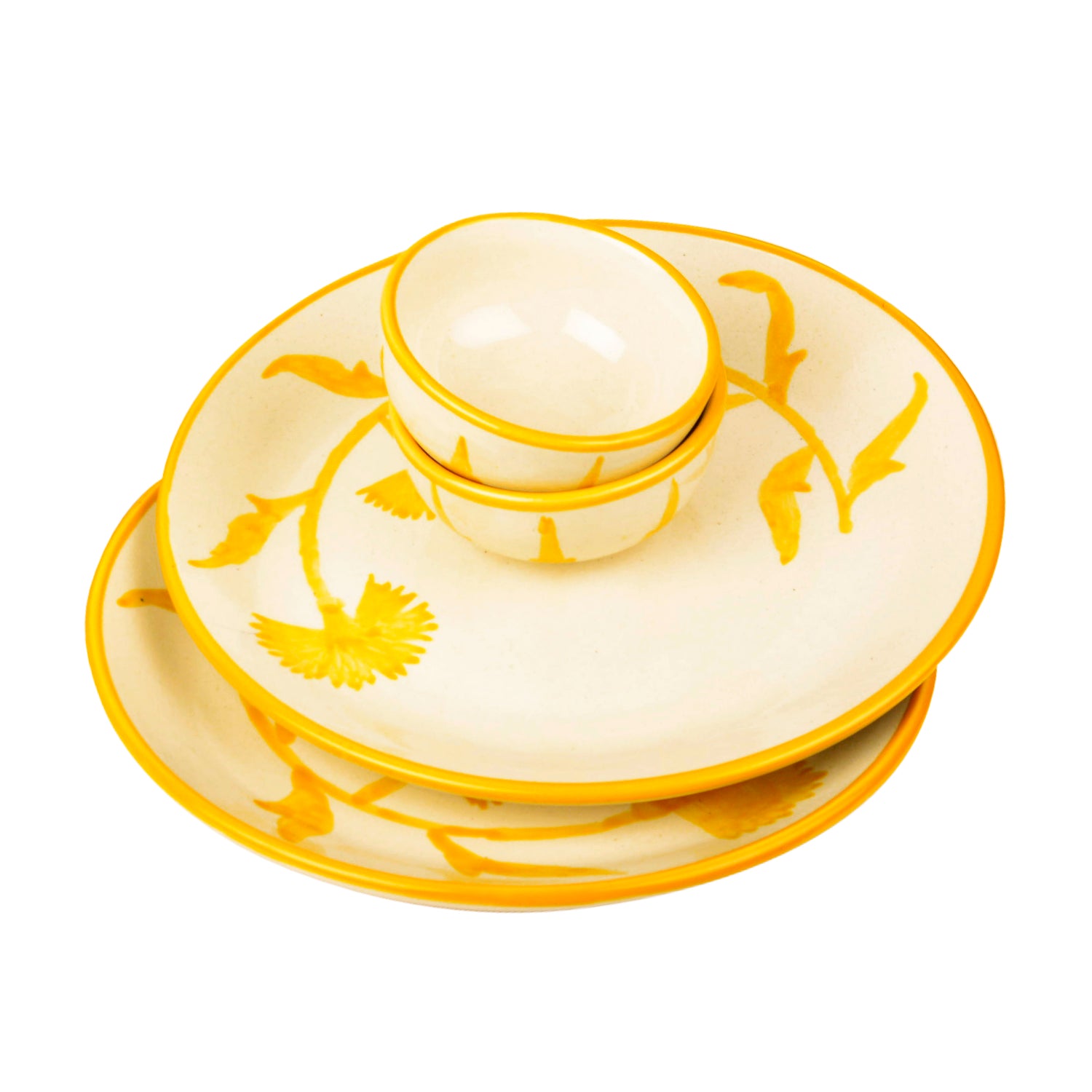 “The Lucid Yellow Collection” Hand Painted Ceramic Floral 2 Dinner Serving Plates with 2 Dinner Bowls (Set of 4, Yellow & Off White, Plate Diameter – 10 inches) - View 5