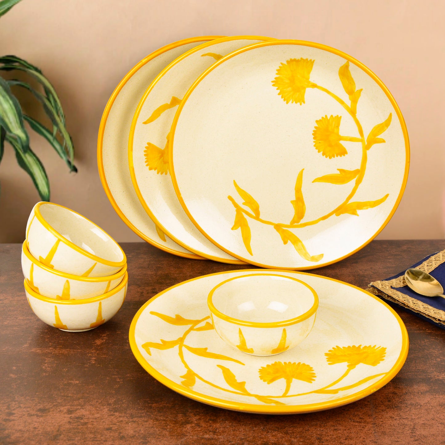 “The Lucid Yellow Collection” Hand Painted Ceramic Floral 4 Dinner Serving Plates with 4 Dinner Bowls (Set of 8, Yellow & Off White, Plate Diameter – 10 inches)