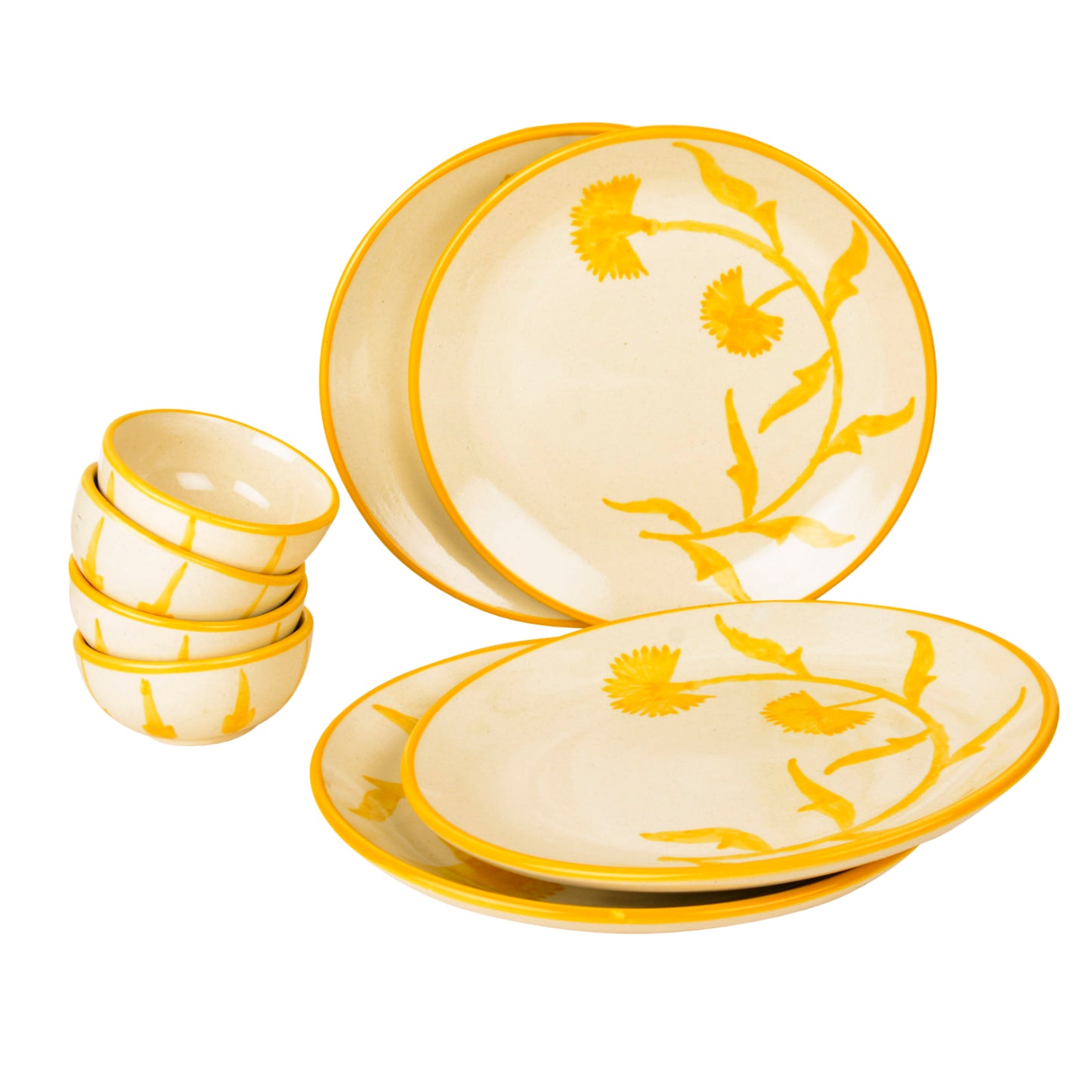 “The Lucid Yellow Collection” Hand Painted Ceramic Floral 4 Dinner Serving Plates with 4 Dinner Bowls (Set of 8, Yellow & Off White, Plate Diameter – 10 inches) - View 3