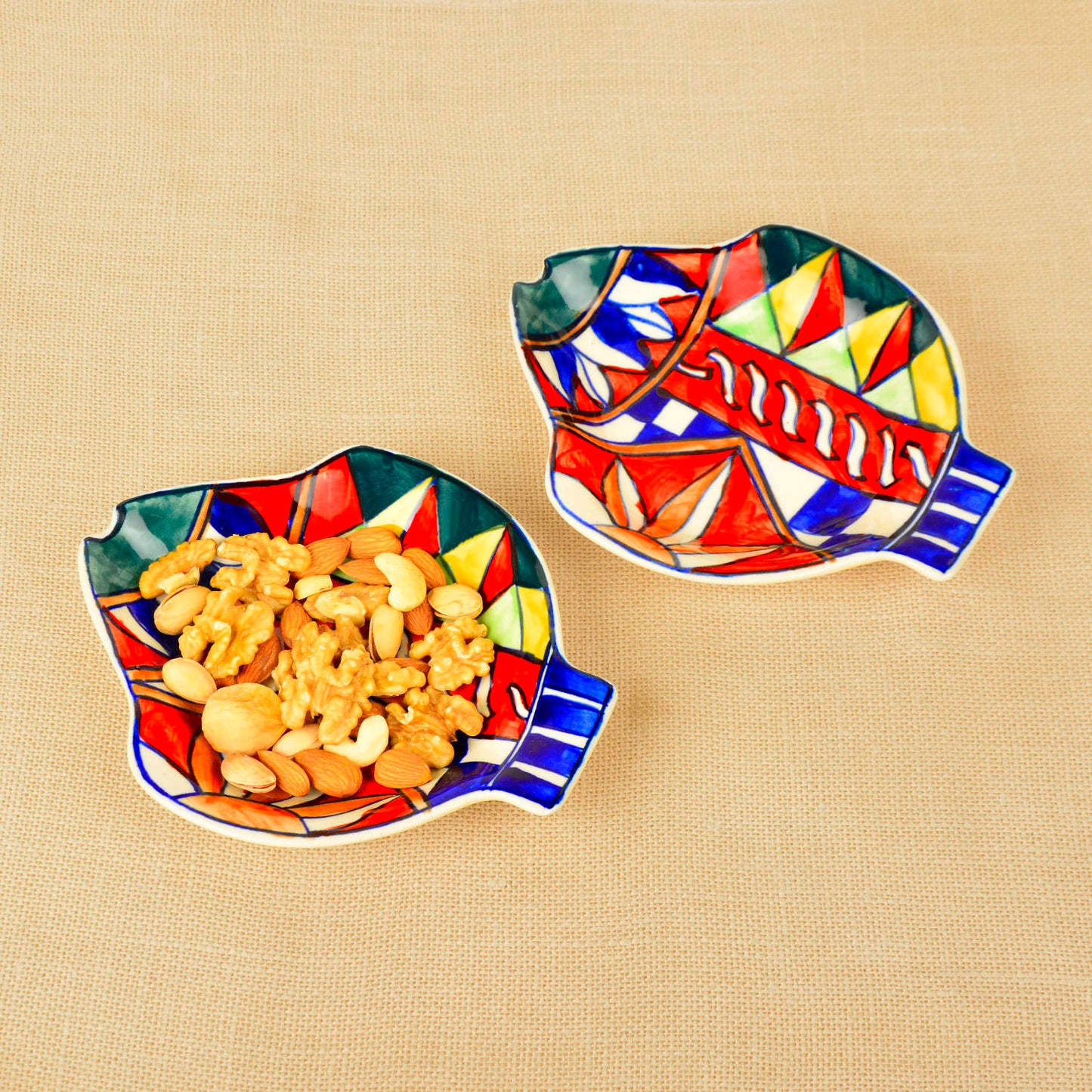 Premium Handpainted Ceramic Fish Cut Snacks Serving Plates (Set of 2, Multicolor, L x B – 18 cm x 15 cm)