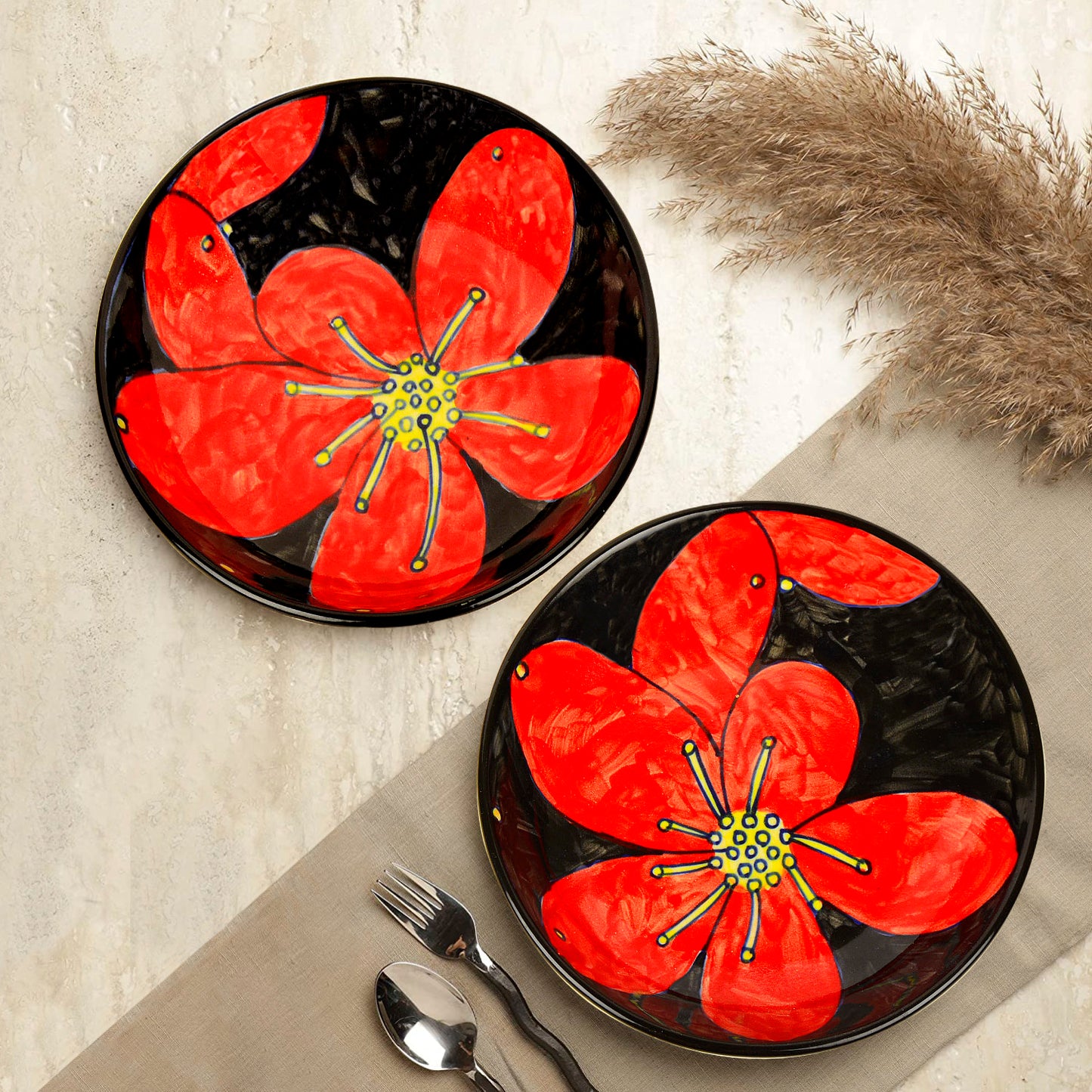 Handpainted Ceramic Floral Round Pasta Serving Plates (Set of 2, 8.5 inches , Red & Black)