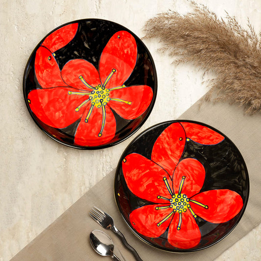Handpainted Ceramic Floral Round Pasta Serving Plates (Set of 2, 8.5 inches , Red & Black)