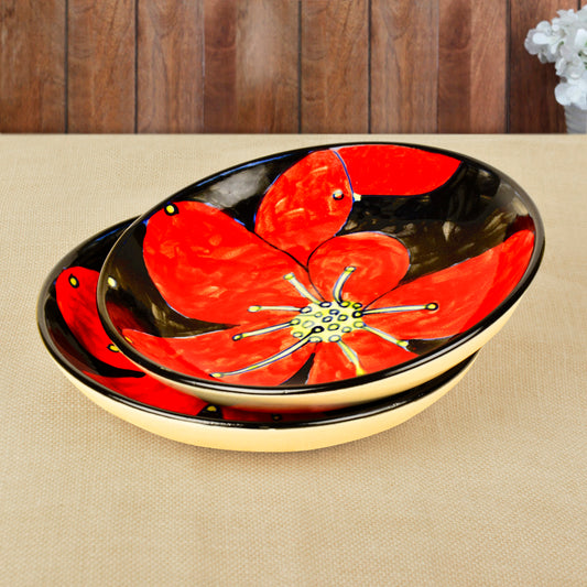 Handpainted Ceramic Floral Round Pasta Serving Plates (Set of 2, 8.5 inches , Red & Black) - View 2
