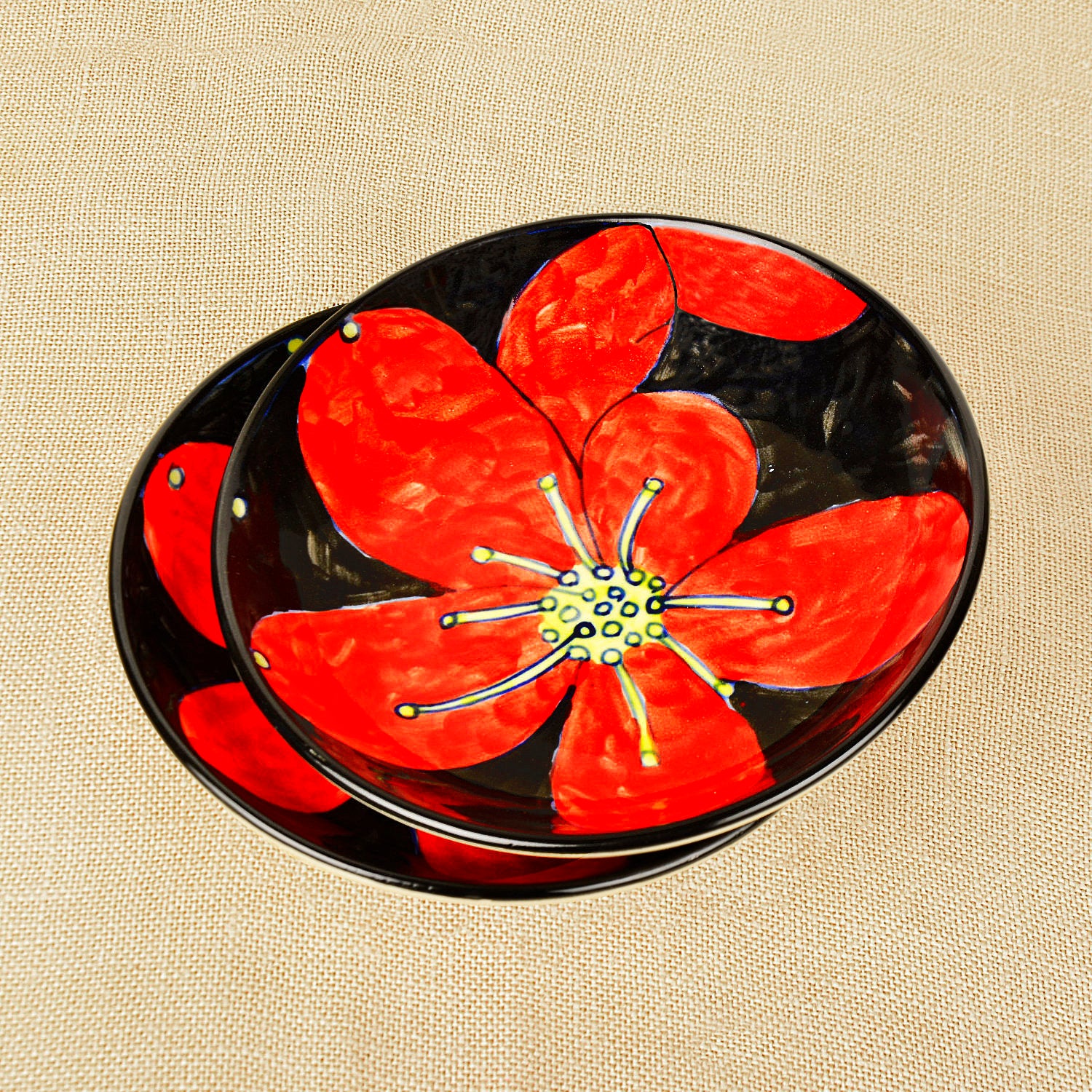 Handpainted Ceramic Floral Round Pasta Serving Plates (Set of 2, 8.5 inches , Red & Black) - View 3