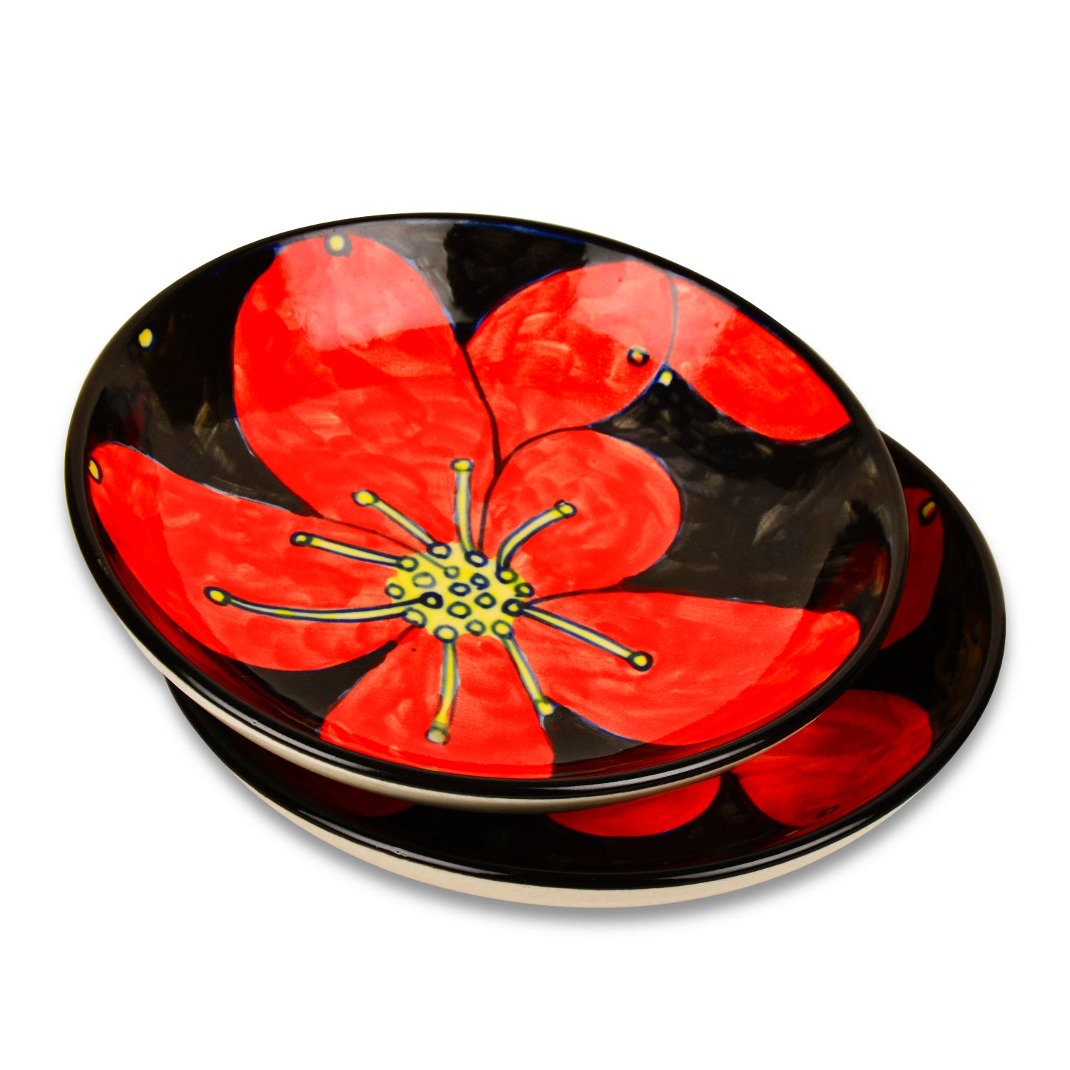 Handpainted Ceramic Floral Round Pasta Serving Plates (Set of 2, 8.5 inches , Red & Black) - View 4