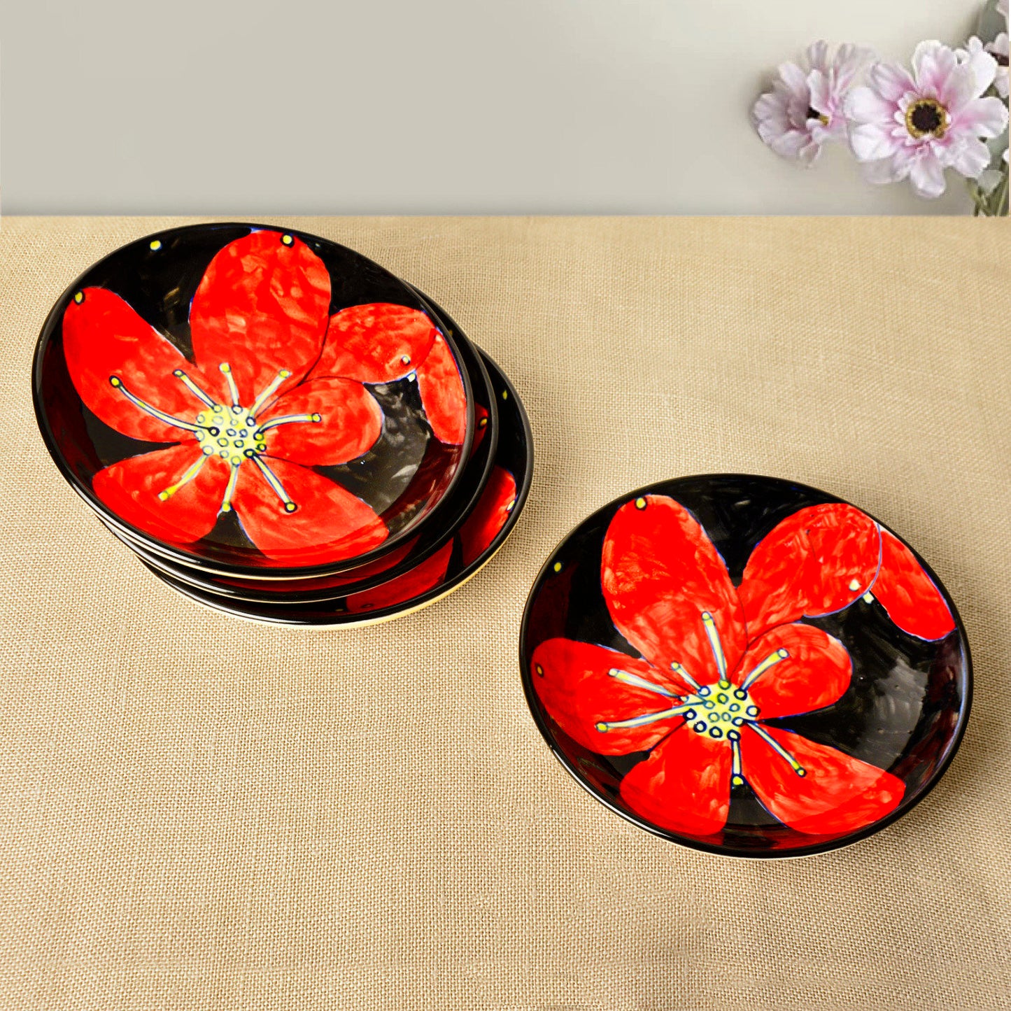 Handpainted Ceramic Floral Round Pasta Serving Plates (Set of 4, 8.5 inches , Red & Black)