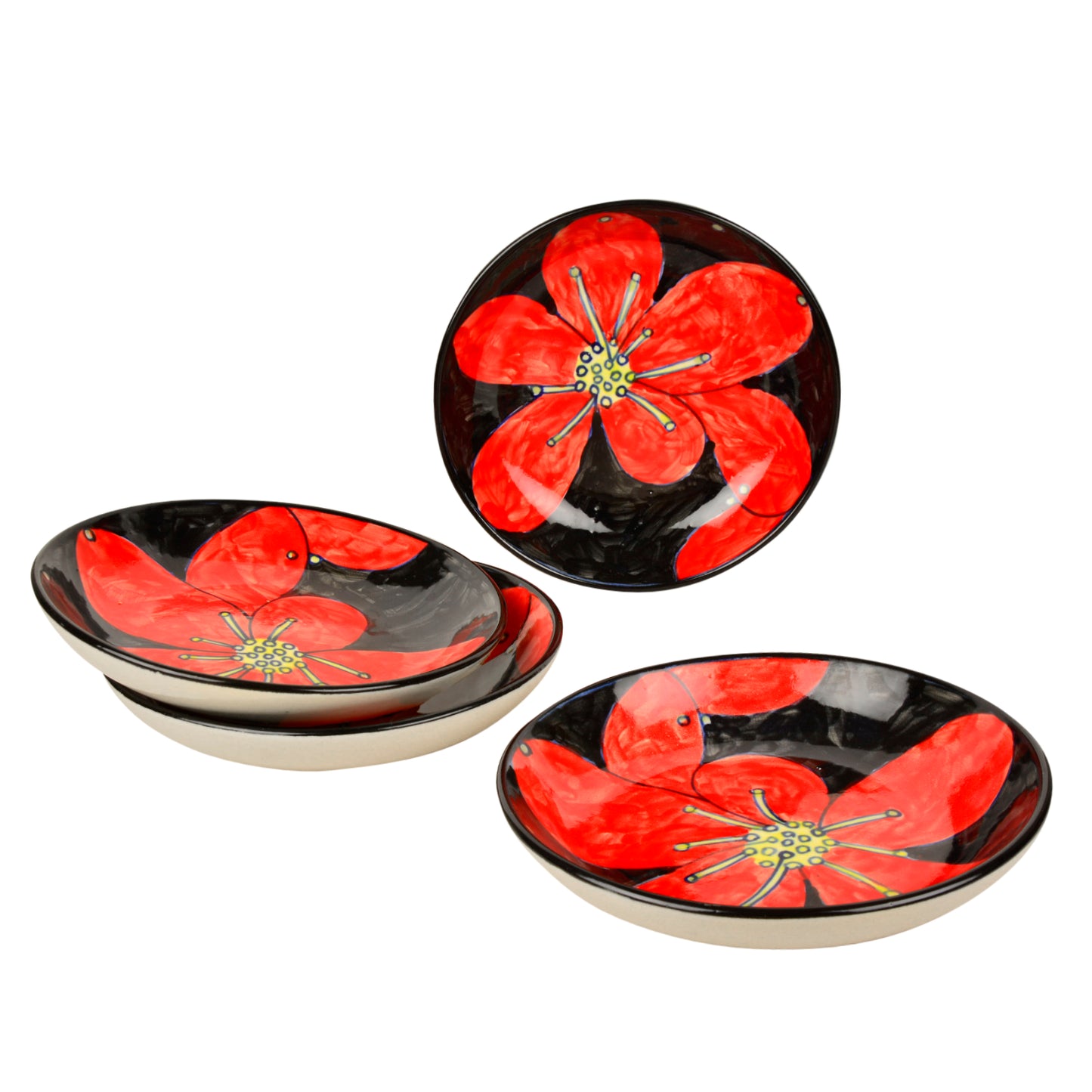 Handpainted Ceramic Floral Round Pasta Serving Plates (Set of 4, 8.5 inches , Red & Black) - View 3
