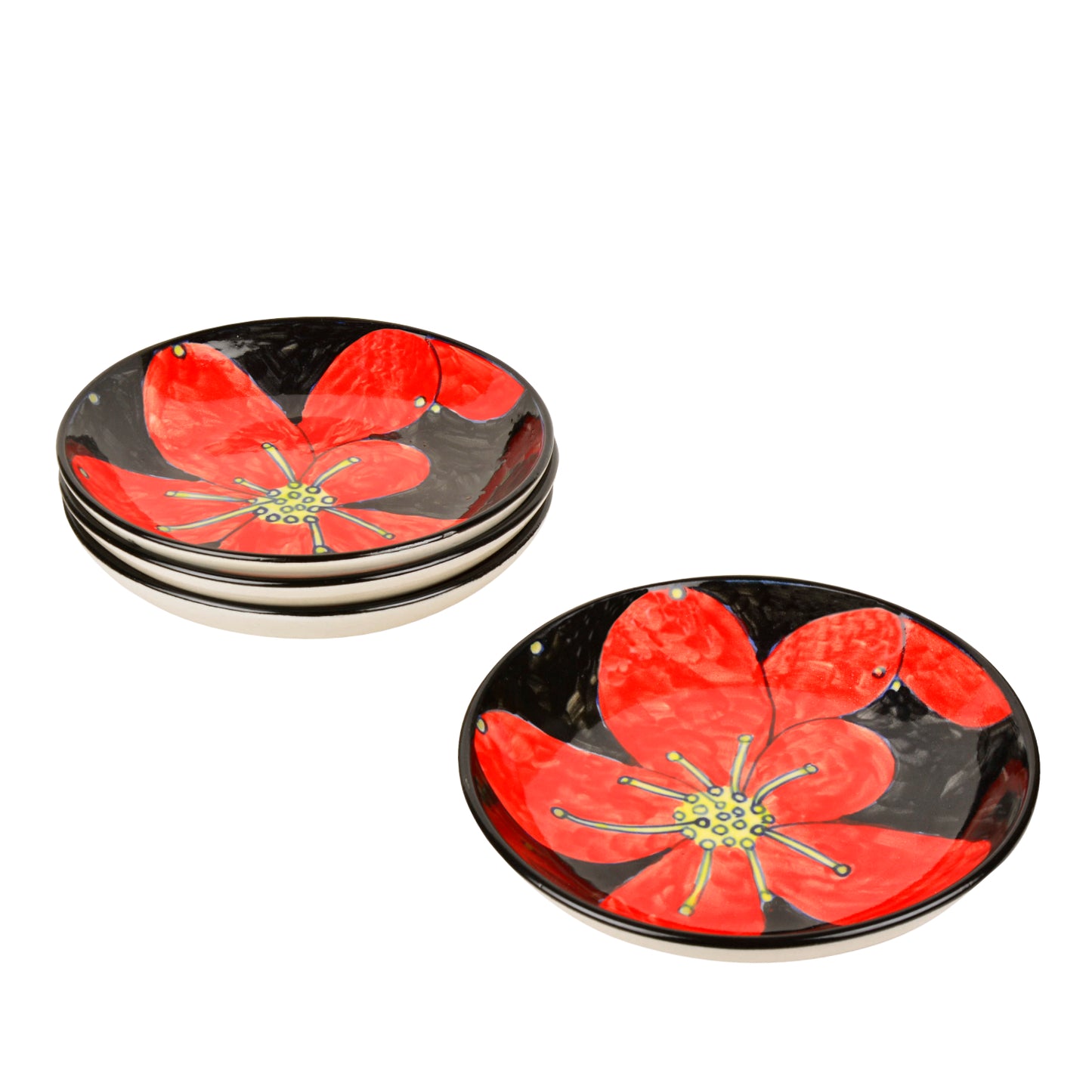 Handpainted Ceramic Floral Round Pasta Serving Plates (Set of 4, 8.5 inches , Red & Black) - View 4
