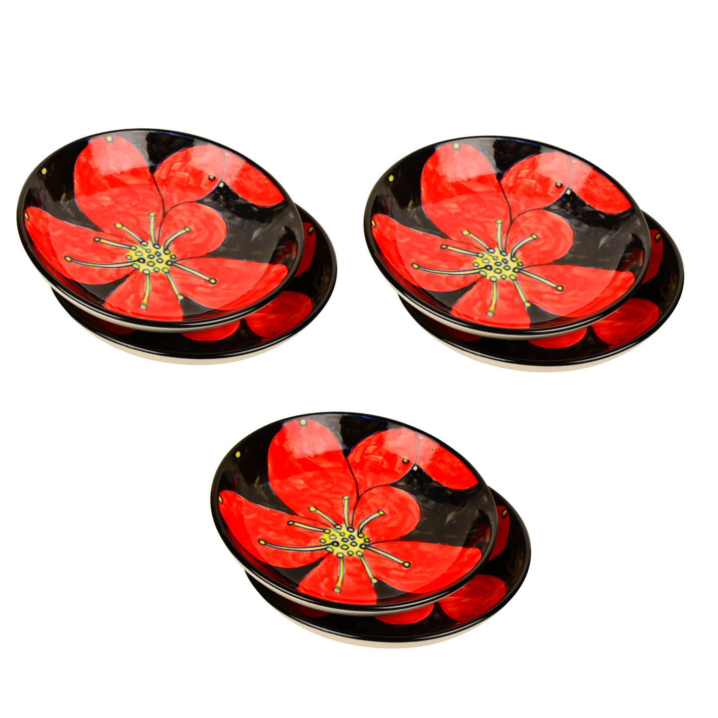 Handpainted Ceramic Floral Round Pasta Serving Plates (Set of 6, 8.5 inches , Red & Black) - View 3