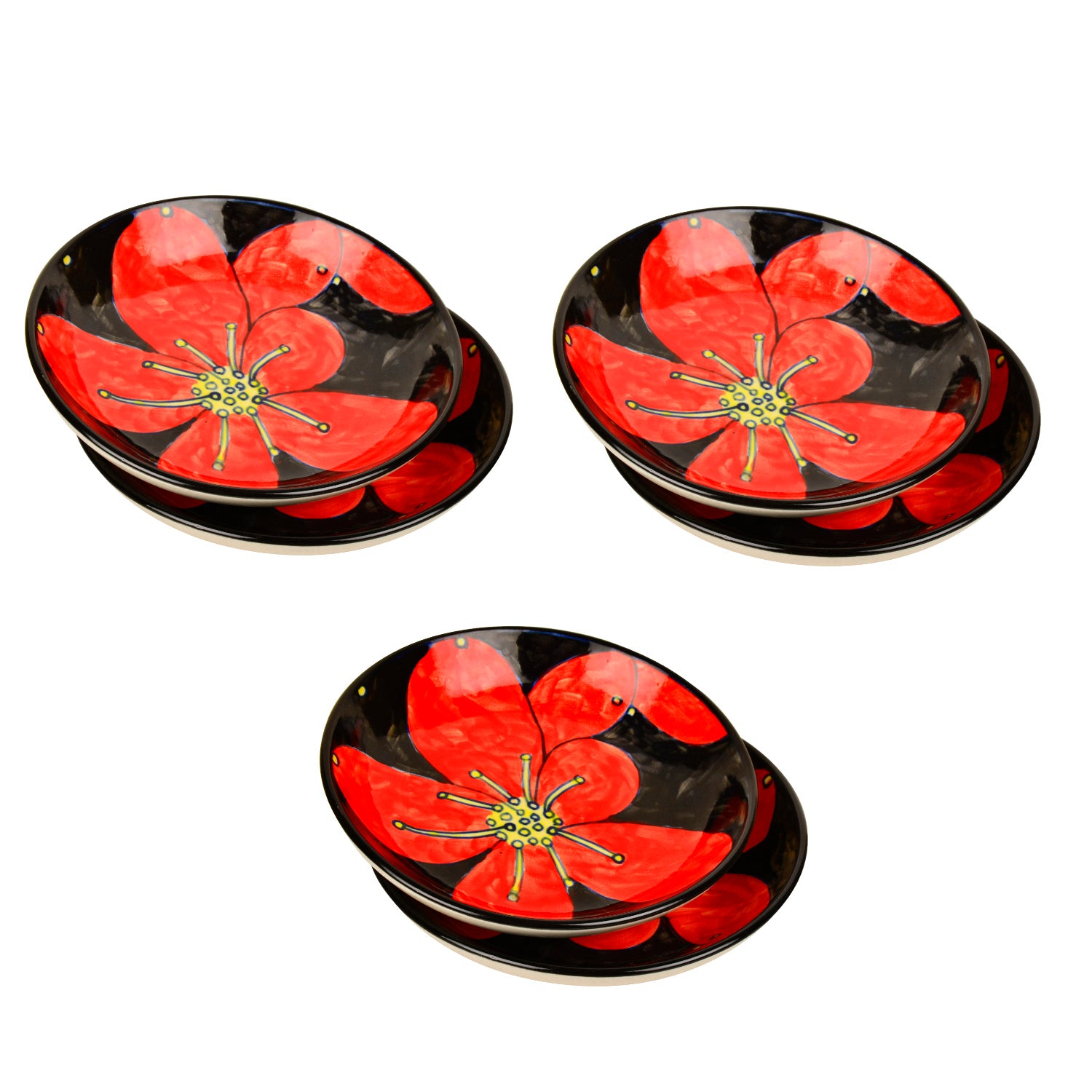 Handpainted Ceramic Floral Round Pasta Serving Plates (Set of 6, 8.5 inches , Red & Black) - View 3