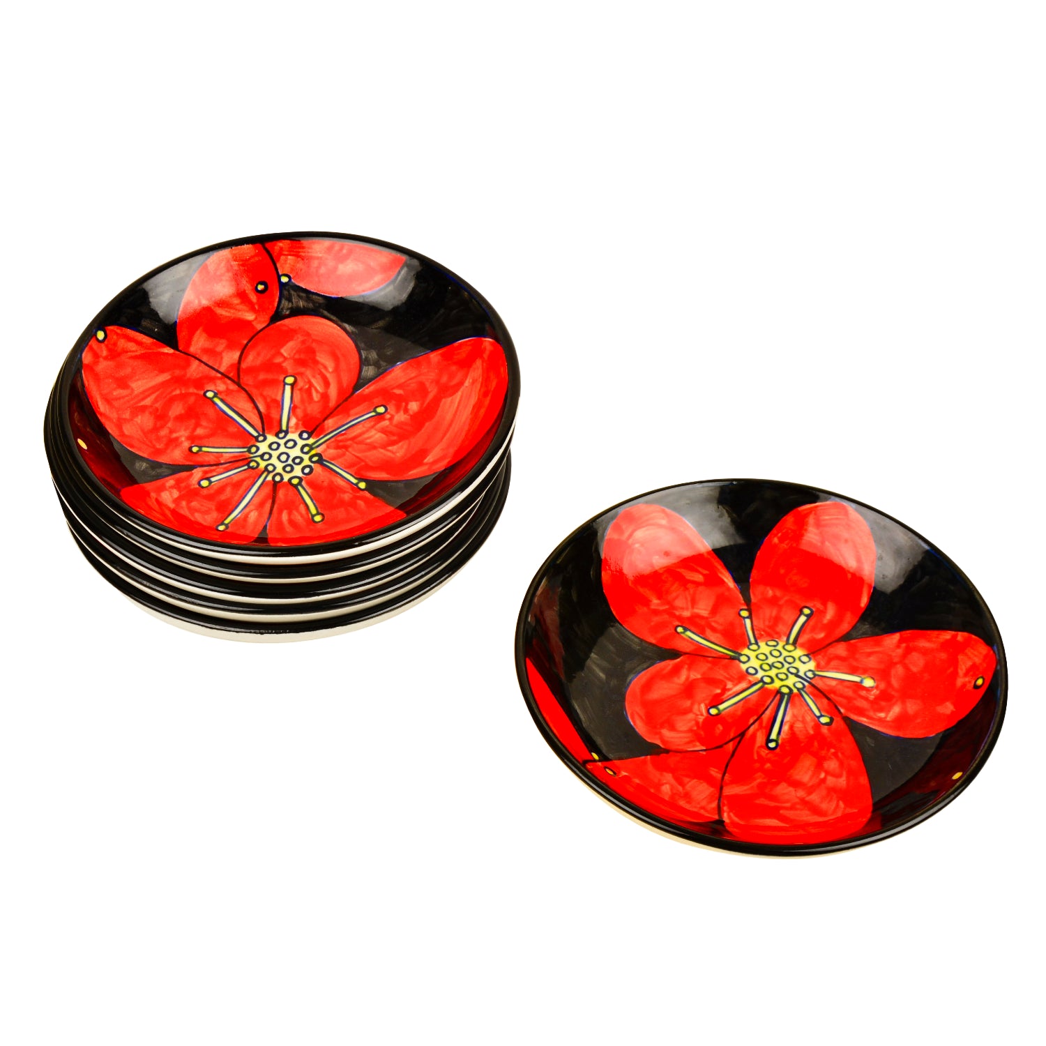 Handpainted Ceramic Floral Round Pasta Serving Plates (Set of 6, 8.5 inches , Red & Black) - View 4