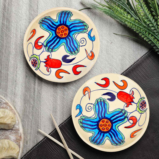 Handpainted Ceramic Floral Round Pasta Serving Plates (Set of 2, 8.5 inches , Off White & Multicolor)