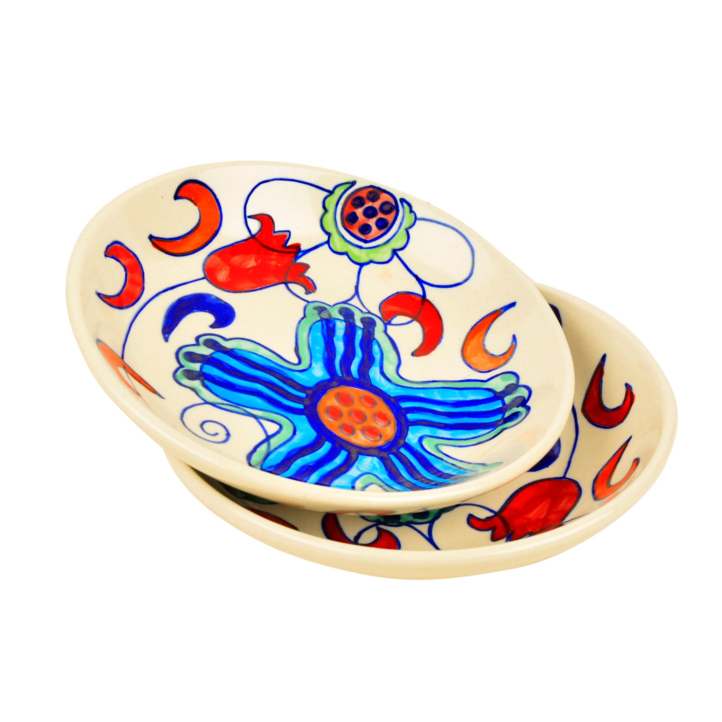 Handpainted Ceramic Floral Round Pasta Serving Plates (Set of 2, 8.5 inches , Off White & Multicolor) - View 3